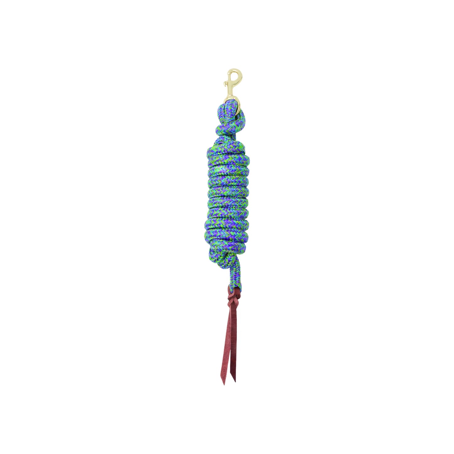 Weaver Leather Poly Cowboy Lead Rope in vibrant Dark Purple, Sky Blue, and Lime Green braid. This 5/8" x 10' horse lead features a durable poly construction, a solid brass-plated swivel snap, and a classic burgundy leather popper at the end. Perfect for training and everyday equestrian use, this stylish and functional lead rope is a must-have piece of horse tack for any barn.