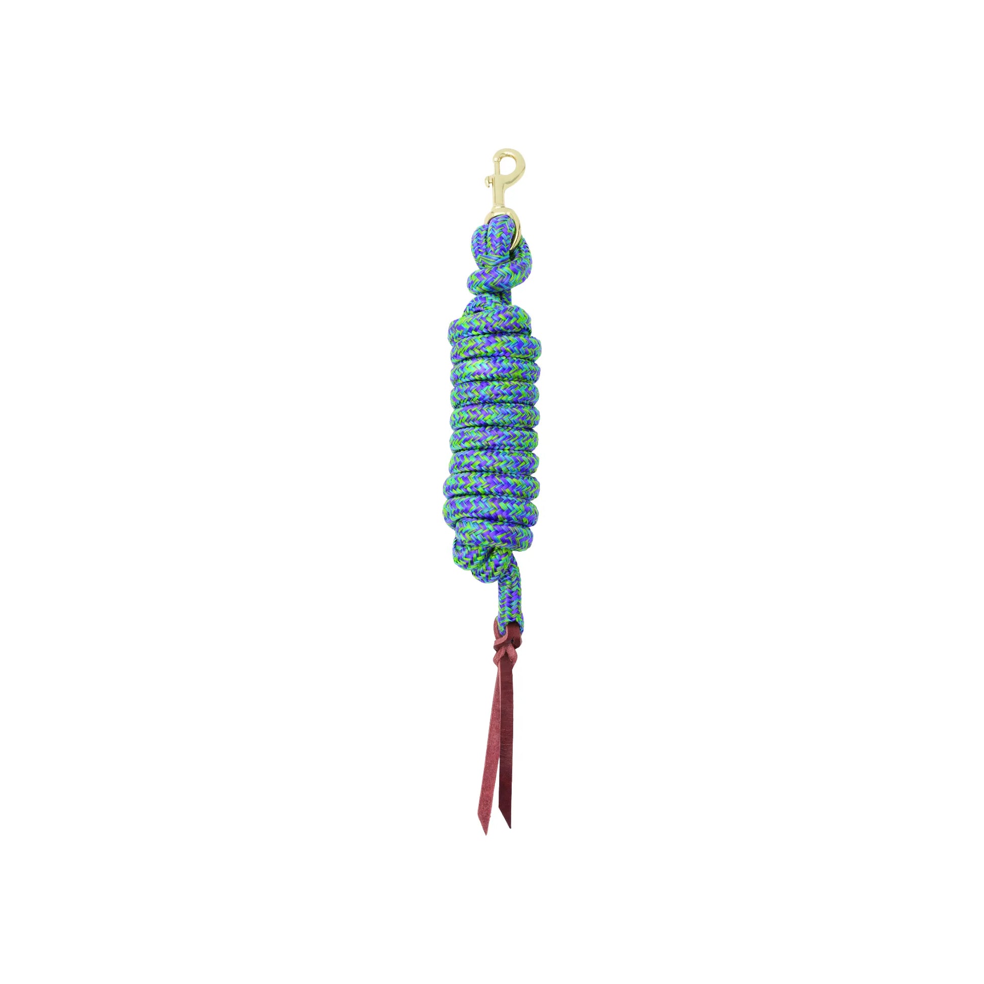 Weaver Leather Poly Cowboy Lead Rope in vibrant Dark Purple, Sky Blue, and Lime Green braid. This 5/8" x 10' horse lead features a durable poly construction, a solid brass-plated swivel snap, and a classic burgundy leather popper at the end. Perfect for training and everyday equestrian use, this stylish and functional lead rope is a must-have piece of horse tack for any barn.