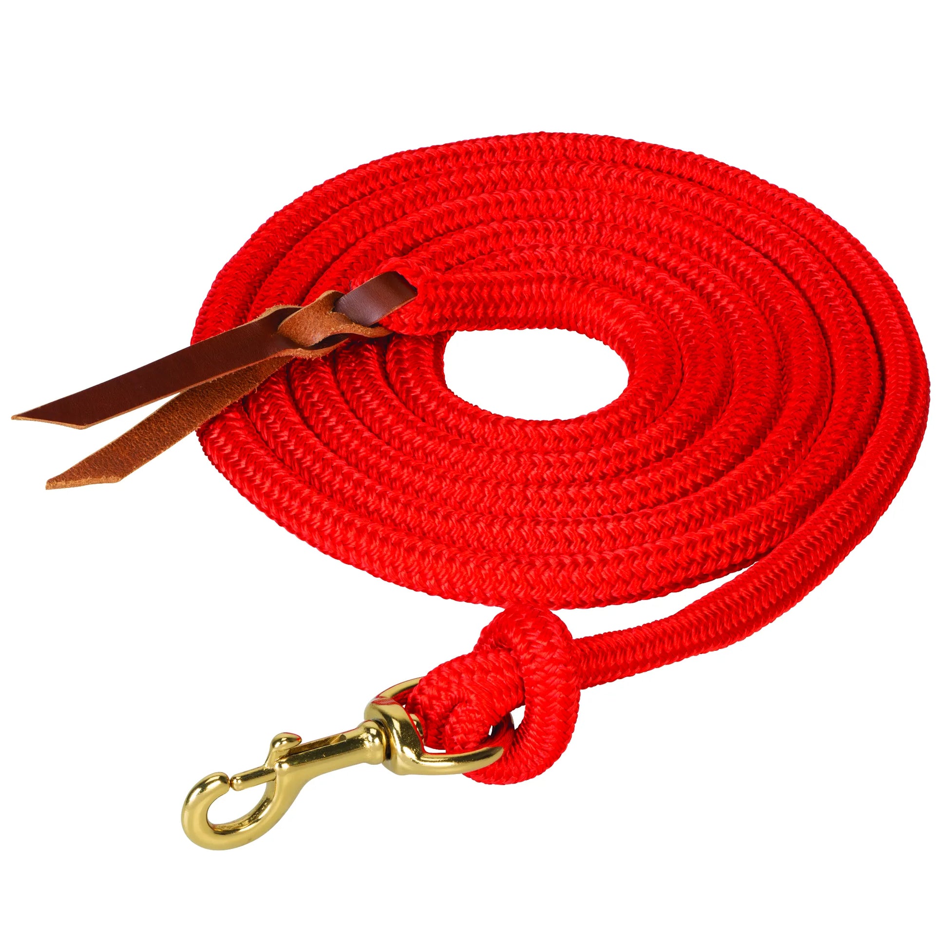 Weaver Leather Poly Cowboy Red Lead with Snap, 5/8 inch x 10 foot. This vibrant red braided lead rope features a durable brass snap and a classic leather popper end. Ideal for horse training and groundwork, this professional-grade equestrian gear is designed for strength and reliability. A must-have piece of horse tack for any stable or ranch.