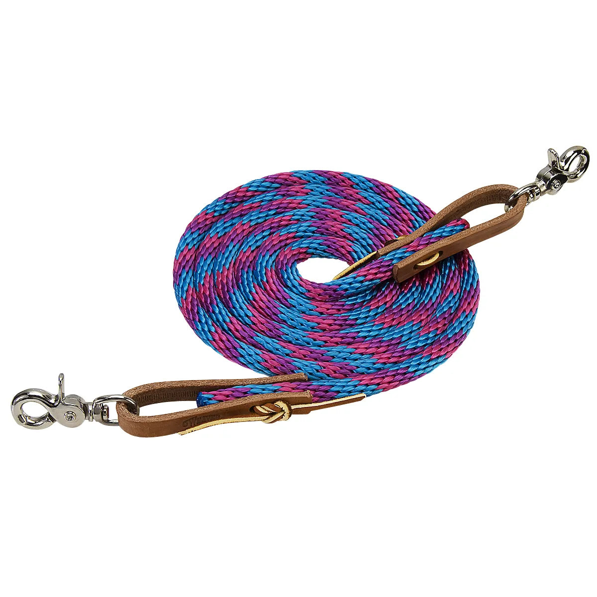Weaver Leather Poly Roper Rein featuring a vibrant pink and blue braided polypropylene rope. This durable Western horse rein includes premium brown leather water loops and silver-toned scissor snaps on both ends for easy attachment. Perfect for barrel racing, roping, and trail riding, this high-quality equestrian tack combines eye-catching style with dependable performance for any rider.
