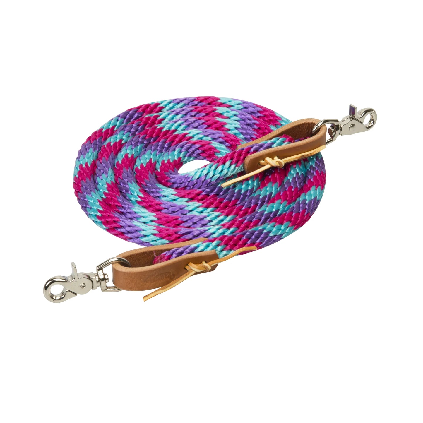 Weaver Leather Poly Roper Rein featuring a vibrant braided purple, pink, and turquoise pattern. This flat poly rope horse rein includes durable leather water ties and nickel-plated scissor snaps for secure bit attachment. A stylish and functional choice for roping, gaming, or trail riding, these high-quality colorful horse reins are a must-have addition to any equestrian’s tack collection.