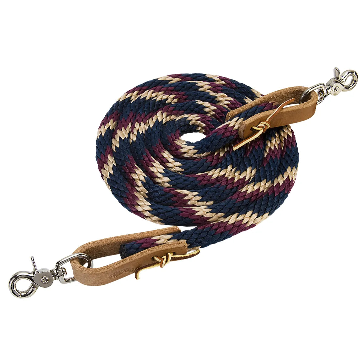 Weaver Leather Poly Roper Rein featuring a navy, burgundy, and cream braided pattern. This durable horse rein includes natural leather water loops with burgundy latigo ties and nickel-plated scissor snaps for easy attachment. Ideal for Western riding like roping or barrel racing, this high-quality poly rope rein offers a reliable grip and classic equestrian style for any tack collection.