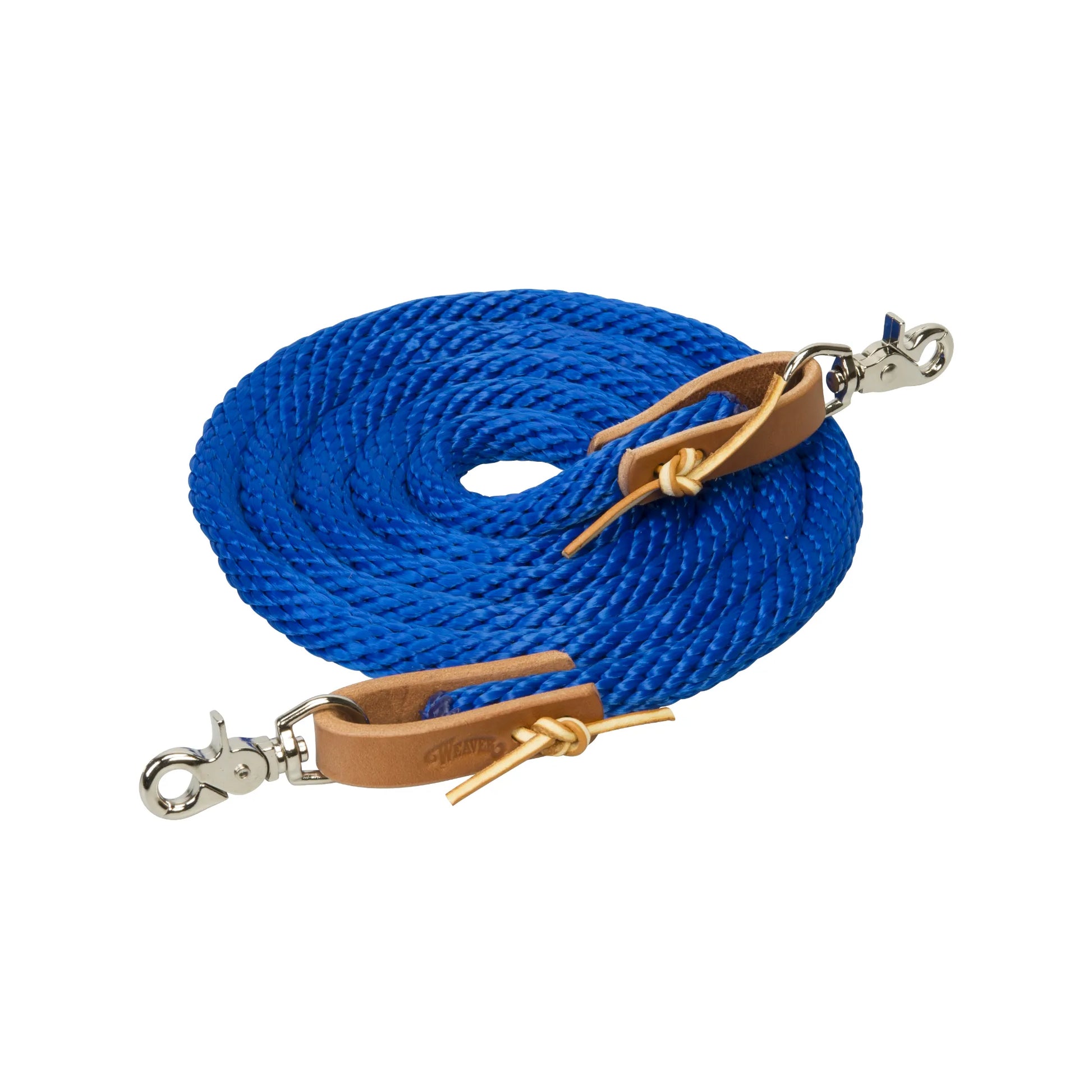 Weaver Leather Poly Roper Rein in vibrant blue, featuring a durable braided poly rope design perfect for western riding. These horse reins include high-quality silver trigger snaps and premium tan leather poppers with reinforced lace ties for long-lasting use. Ideal for roping, trail riding, and everyday equestrian activities, offering both style and a secure grip.