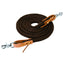 Weaver Leather Poly Roper Rein in dark brown braided poly rope. These durable Western horse reins feature natural tan leather poppers with leather ties and heavy-duty silver-tone scissor snaps for easy bit attachment. Perfect for roping, trail riding, and training, this equestrian tack offers a secure grip and professional look for Western riders.