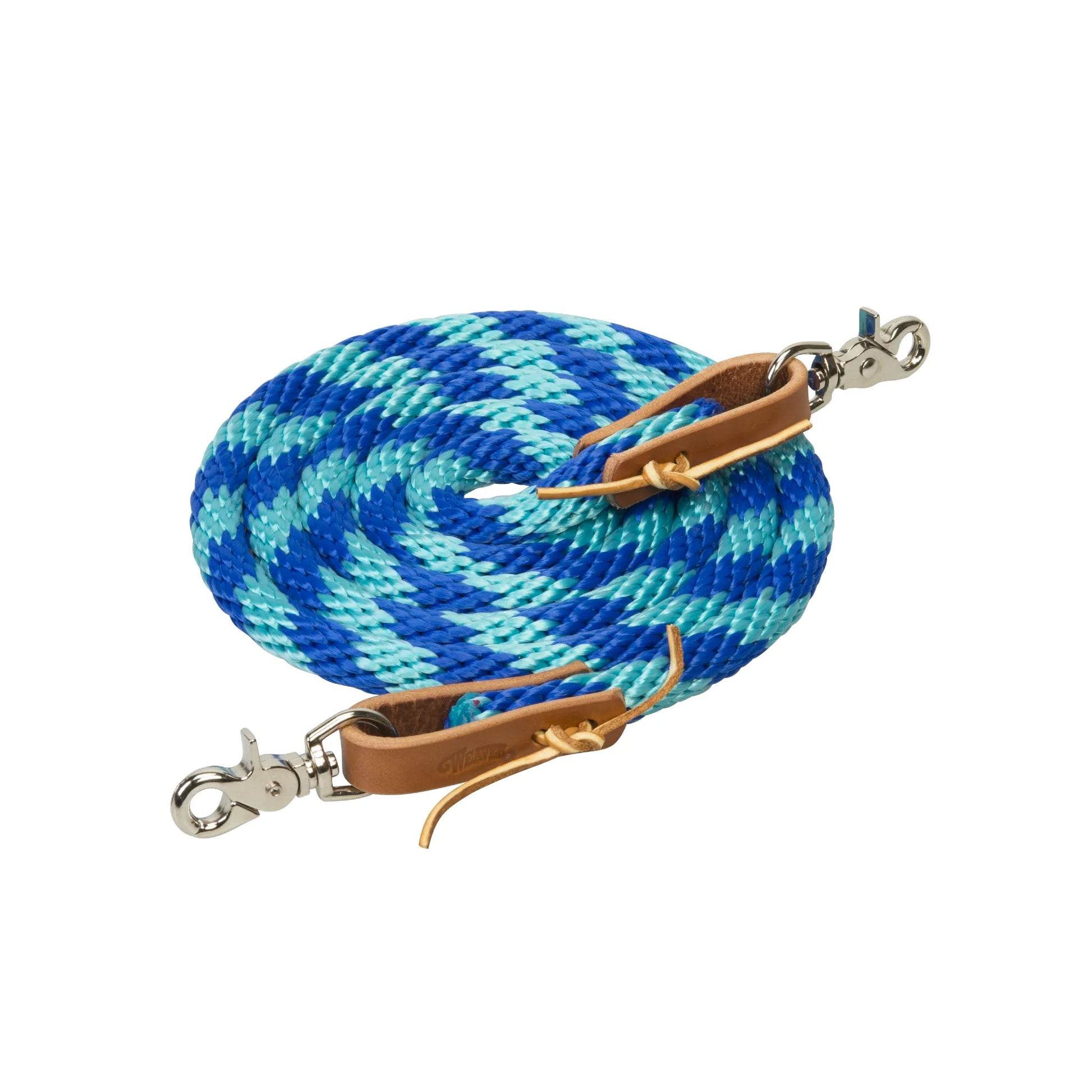 Vibrant Weaver Leather Poly Roper Rein in a blue and teal braided pattern. This durable polypropylene horse rein features premium leather water loops and silver-tone swivel scissor snaps for secure attachment. A must-have piece of western horse tack, this coiled rope rein combines style and performance for roping or trail riding.
