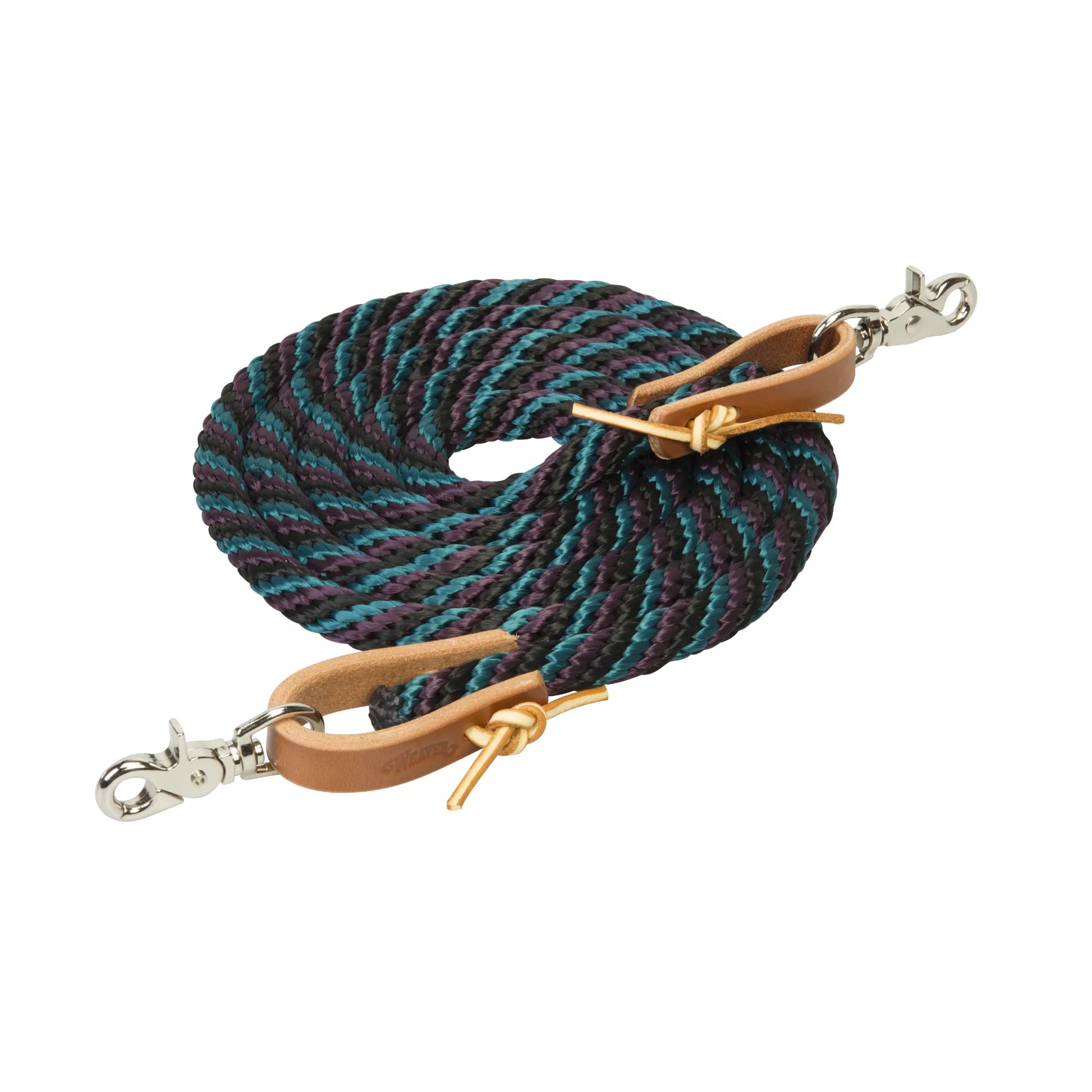 Weaver Leather Poly Roper Rein in a vibrant teal, purple, and black braided pattern. This durable horse rein features premium tan leather water loops with decorative ties and heavy-duty nickel-plated scissor snaps. A stylish and functional piece of western horse tack, it is designed for performance and reliability during roping, barrel racing, or trail riding.
