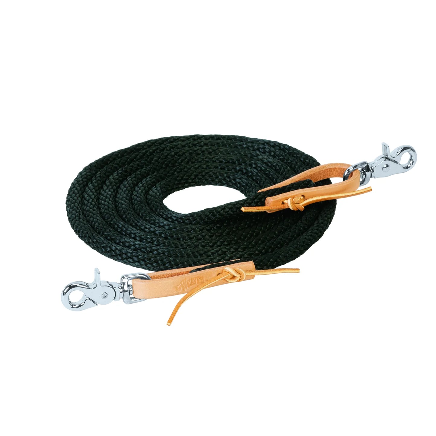 Weaver Leather Poly Roper Rein in black, featuring a soft braided poly rope and durable russet leather water loops. These Western horse reins include heavy-duty nickel-plated scissor snaps on both ends for quick and easy attachment. Designed for roping, trail riding, and daily equestrian use, this high-quality tack provides a comfortable grip and classic style. A reliable and functional choice for any rider's horse gear collection.