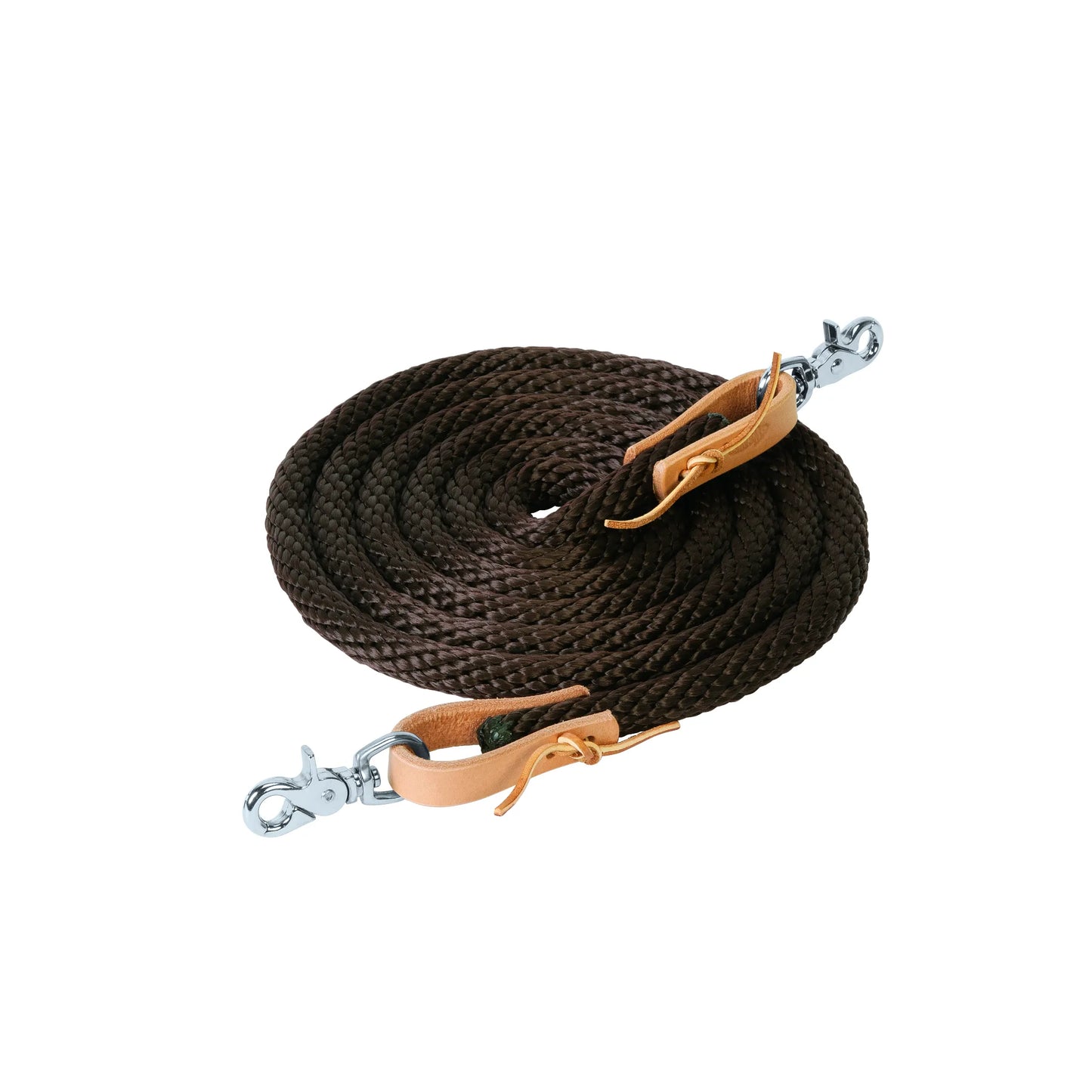 Weaver Leather Poly Roper Rein in chocolate brown, featuring a thick braided poly rope for a comfortable grip. These horse reins include premium leather poppers and durable silver scissor snaps for quick and easy attachment to any bit. Perfect for Western roping, trail riding, and training, this high-quality horse tack offers reliability and classic style for everyday equestrian needs.