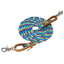 Weaver Leather Poly Roper Reins featuring a vibrant 3/8-inch braided poly rope in a teal, purple, and lime green pattern. These 8-foot western horse reins include durable nickel-plated scissor snaps and premium brown leather bit ends with latigo string ties. A stylish and reliable addition to your equestrian tack collection, perfect for barrel racing, trail riding, or everyday horse training.