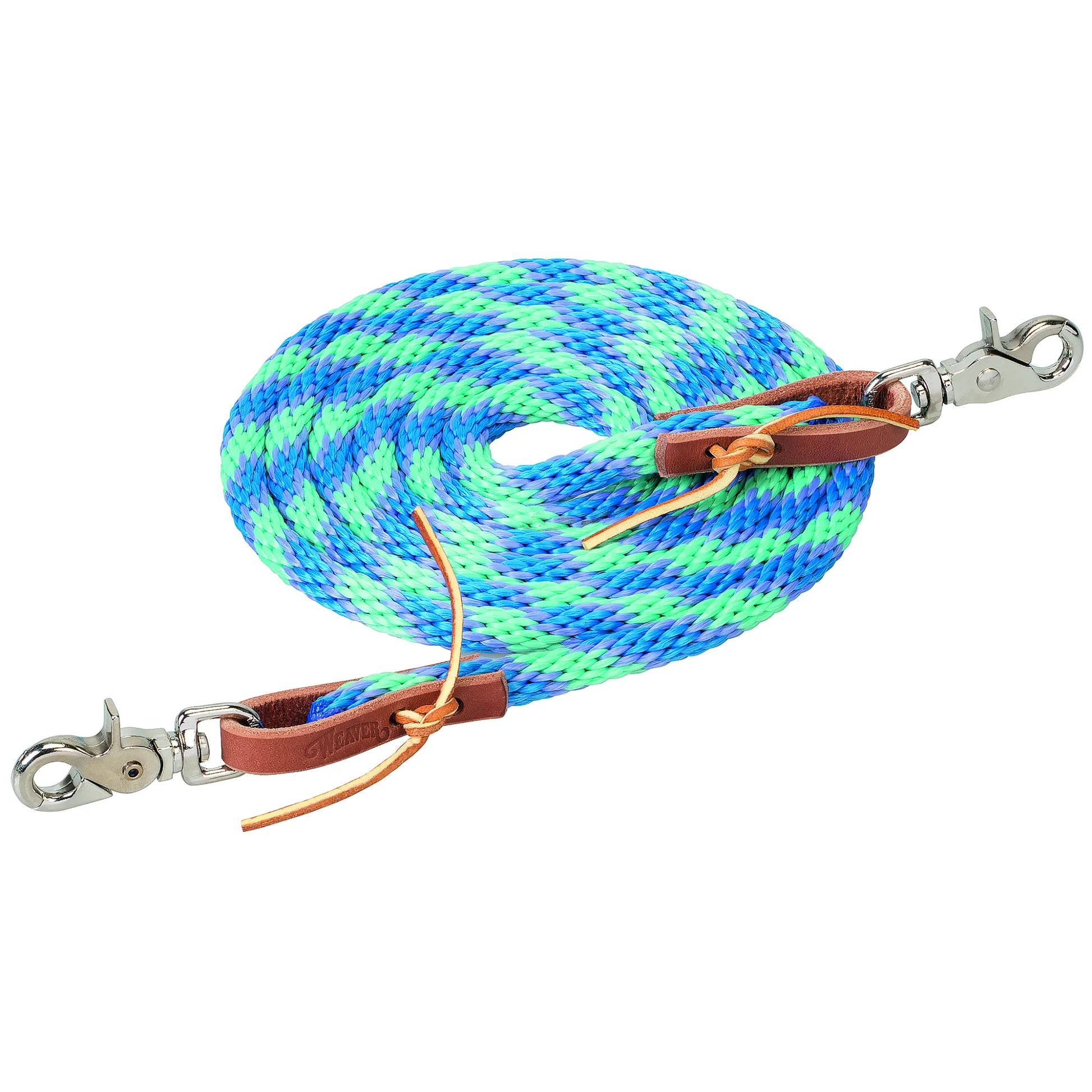 Weaver Leather Poly Roper Reins in a vibrant blue and green braided pattern. This 3/8" x 8' equestrian tack features soft, durable poly rope and premium leather water loops with tie laces. Designed with heavy-duty silver scissor snaps at both ends for quick attachment, these continuous loop reins are perfect for western riding, roping, or trail. A colorful and reliable choice for any horse rider’s collection.