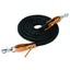 Weaver Leather Poly Roper Reins, 3/8" x 8', featuring durable black braided poly rope with premium brown leather poppers and tie-on laces. These professional equestrian reins include silver-finished swivel scissor snaps for quick bit attachment. A versatile western horse tack essential for roping, training, and trail riding, combining high-quality performance with a classic equestrian style.