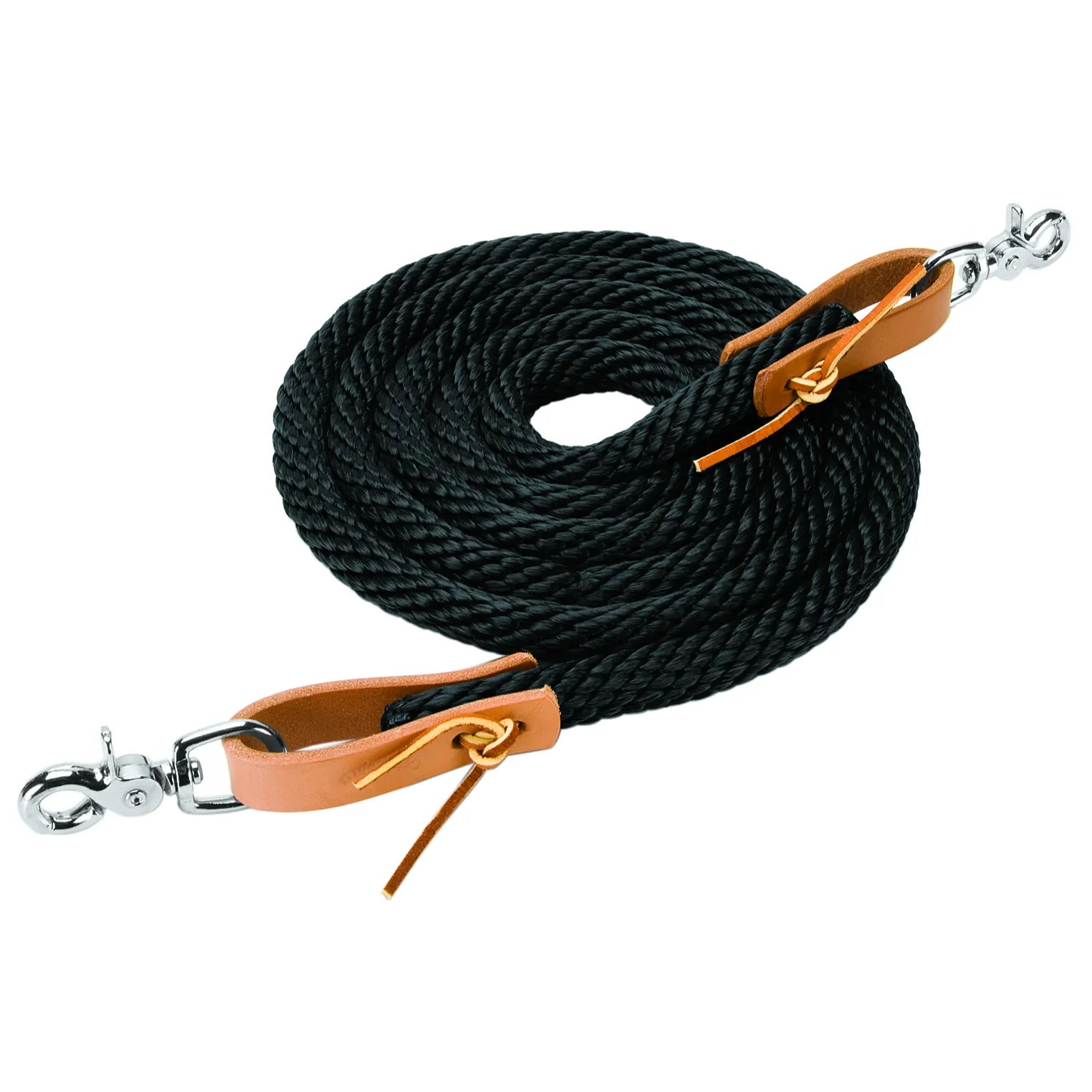 Weaver Leather Poly Roper Reins, 3/8" x 8', featuring durable black braided poly rope with premium brown leather poppers and tie-on laces. These professional equestrian reins include silver-finished swivel scissor snaps for quick bit attachment. A versatile western horse tack essential for roping, training, and trail riding, combining high-quality performance with a classic equestrian style.