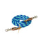 Weaver Leather Poly Roper Reins featuring a vibrant blue and turquoise braided rope design. These 3/8" x 8' horse reins include premium brown leather water loops with tie-on details and durable silver scissor snaps at both ends for quick and easy attachment. Perfect for western riders looking for style and functionality in their equestrian gear.