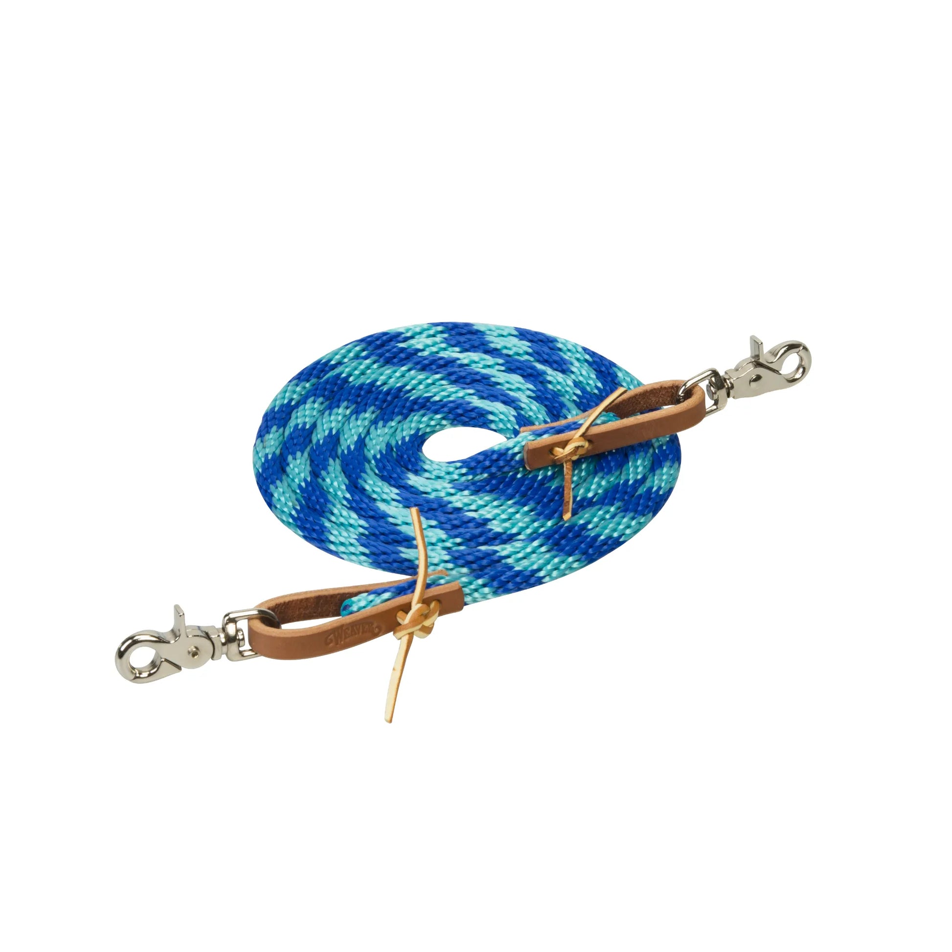 Weaver Leather Poly Roper Reins featuring a vibrant blue and turquoise braided rope design. These 3/8" x 8' horse reins include premium brown leather water loops with tie-on details and durable silver scissor snaps at both ends for quick and easy attachment. Perfect for western riders looking for style and functionality in their equestrian gear.