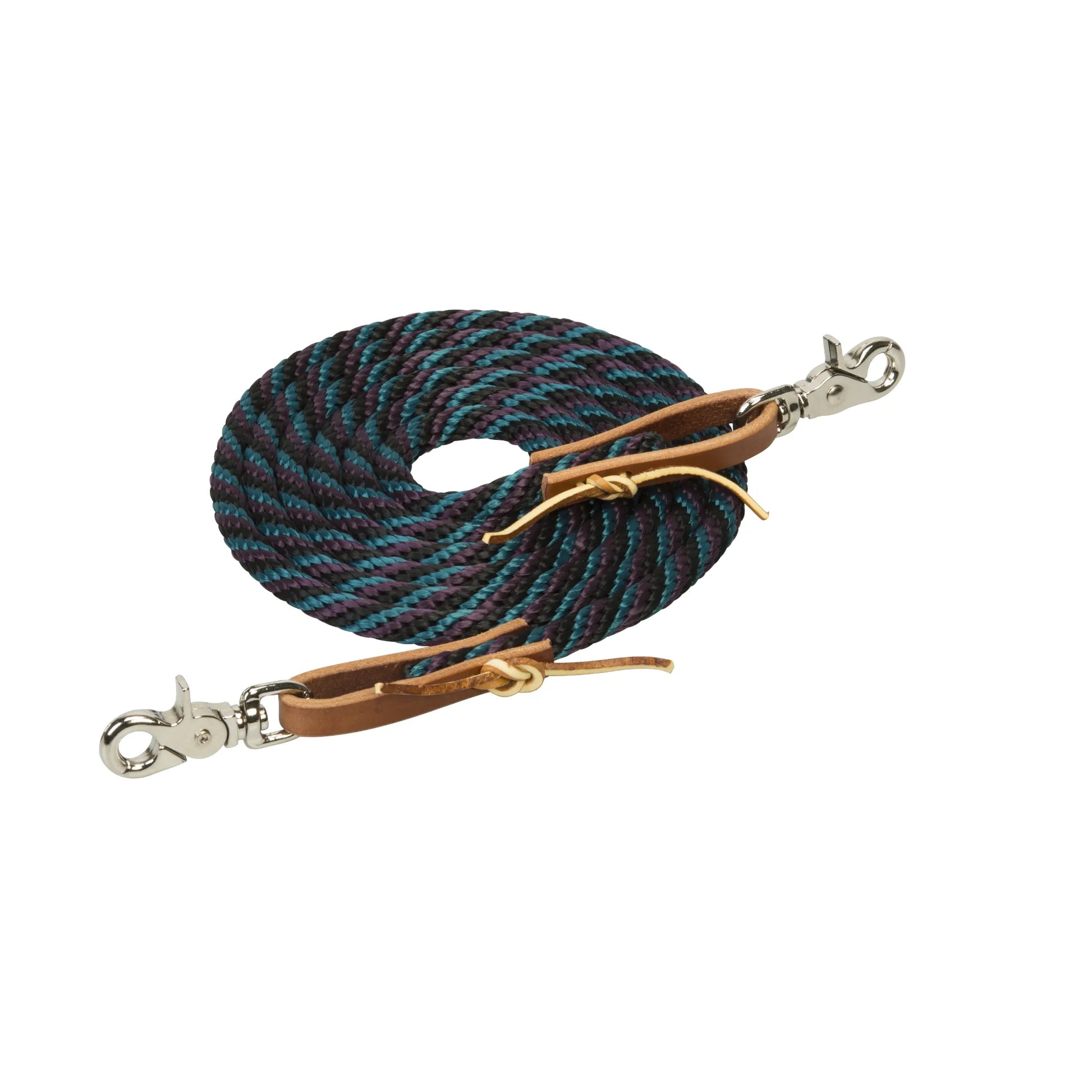 Weaver Leather Poly Roper Reins featuring a vibrant teal, purple, and black multi-color braided rope. This 3/8" x 8' western horse rein includes premium leather water loops with lace ties and durable nickel-plated scissor snaps. Ideal for everyday riding, training, or trail rides, these high-quality poly rope reins offer a comfortable grip and stylish design for any equestrian's tack collection.