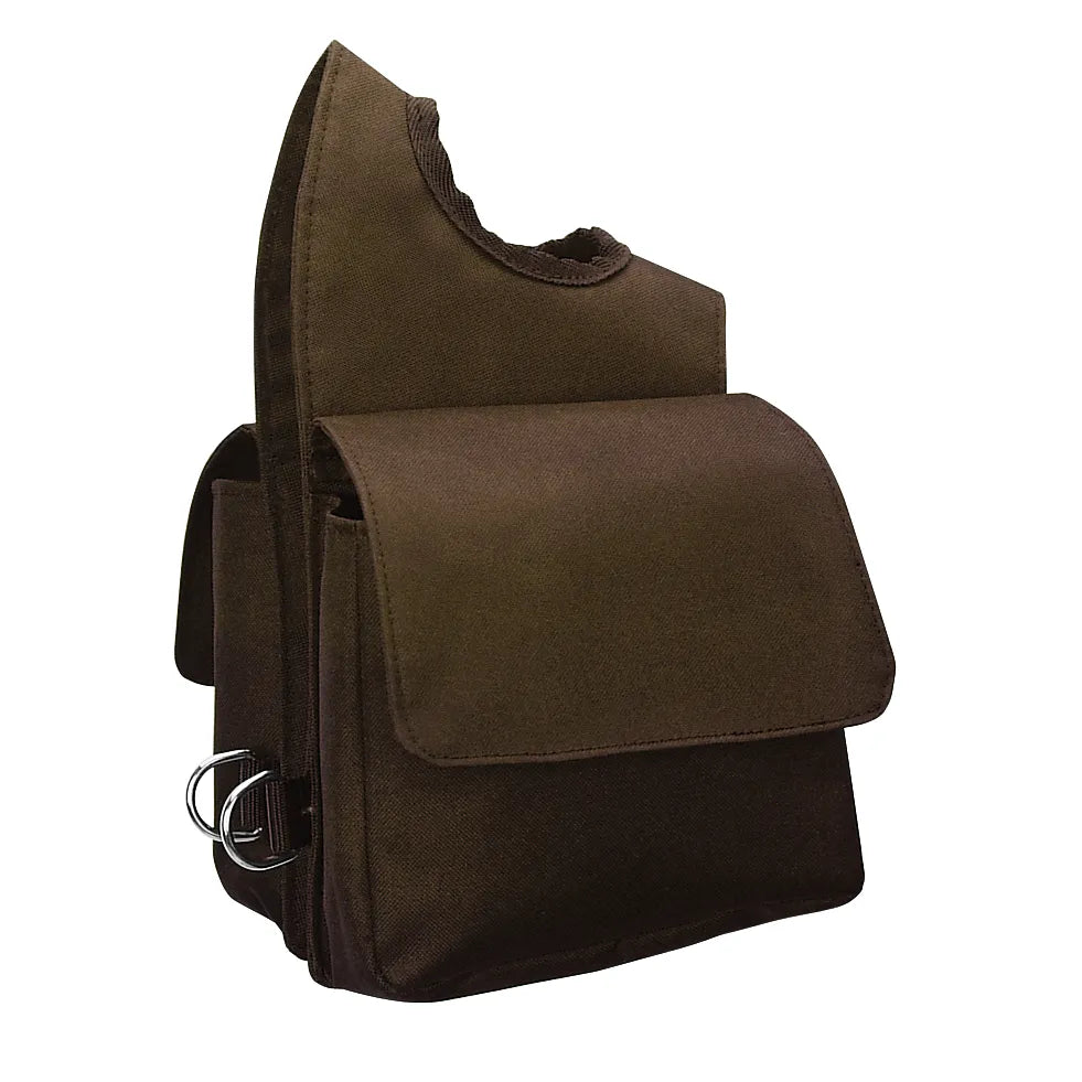 Brown Weaver Leather Pommel Horn Bag for quick-access saddle storage. This durable equestrian gear features a specialized cutout to fit over a saddle horn, two spacious pockets with protective flaps, and sturdy metal D-rings for gear attachment. Ideal for trail riding, this compact brown pommel bag keeps essentials secure and within reach. Perfect for horse enthusiasts looking for reliable, hands-free storage during rides.