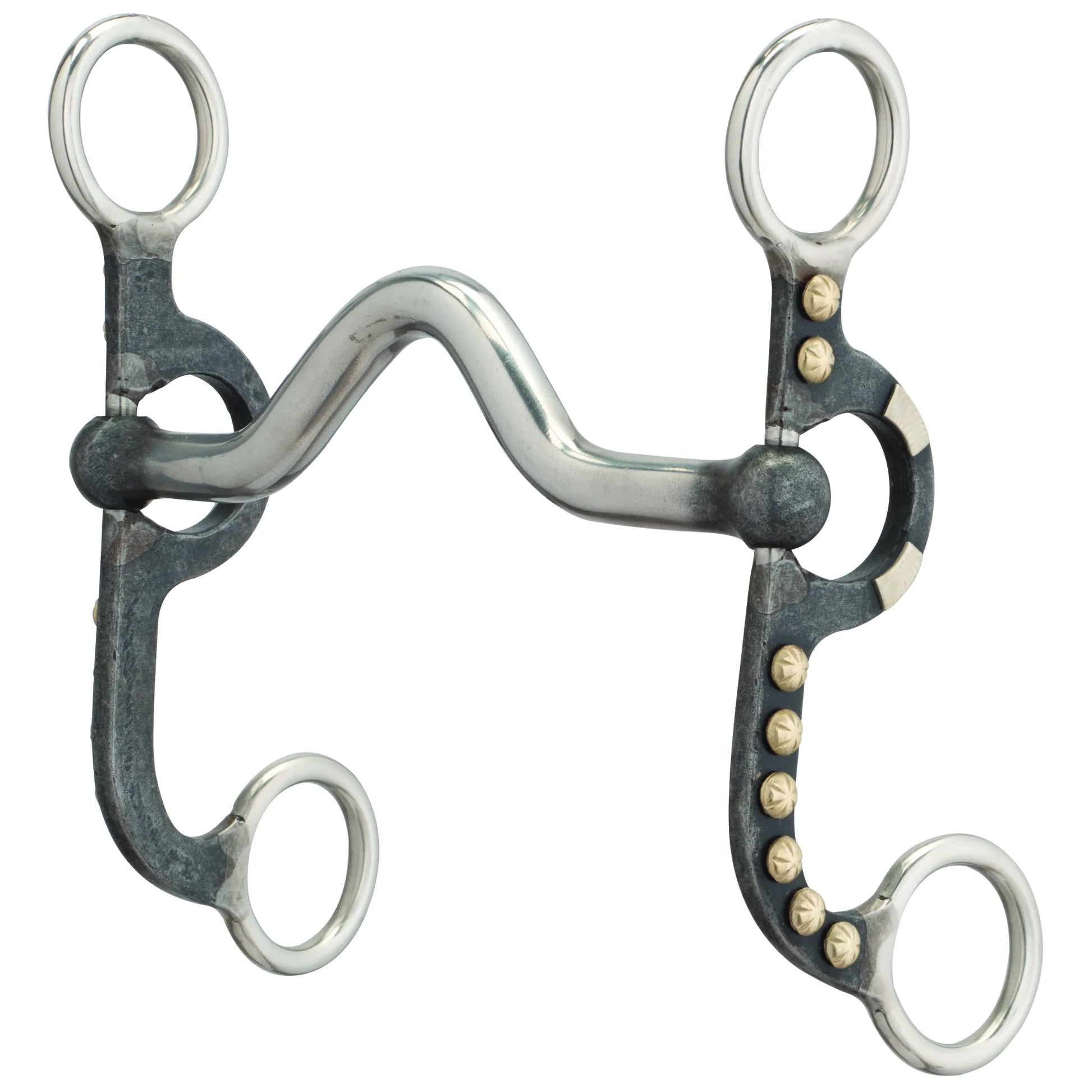 Weaver Leather Pony Bit featuring a 4-5/8" stainless steel medium port mouthpiece and stylish buffed black finish shanks. Decorative brass-colored star studs line the cheeks for a classic western look. This beginner and trail-friendly bit includes rounded silver purchase and rein rings, providing gentle leverage for pony riders. Ideal horse tack for everyday riding, training, and western performance.