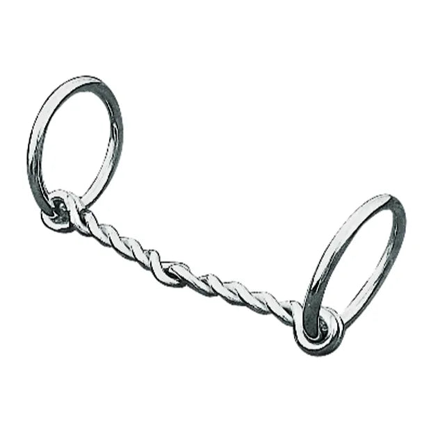 Weaver Leather Pony Bit featuring a nickel-plated twisted wire mouthpiece for refined control. This shiny silver-toned horse tack consists of two loose rings and a single-strand twisted wire bar, ideal for training or everyday pony riding. A durable and essential piece of equestrian equipment designed specifically for ponies and smaller horses.
