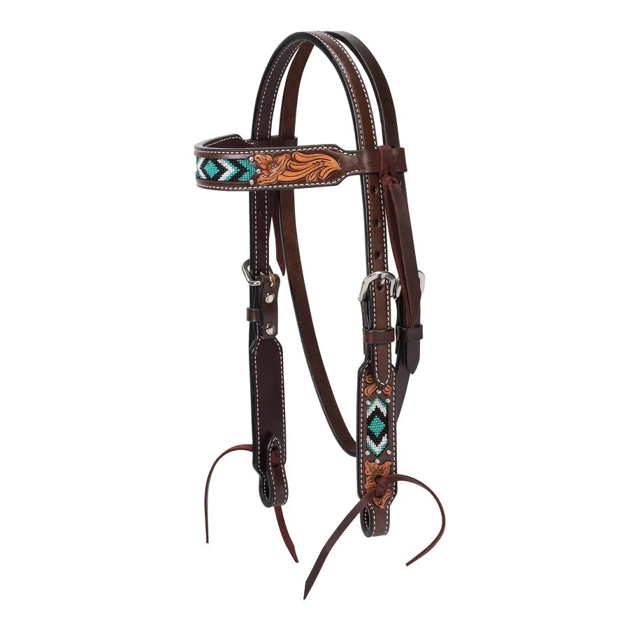 Weaver Leather Pony Browband Headstall - Turquoise Bead Floral Design