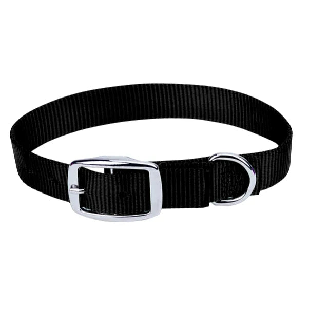 Weaver Leather Prism Choice black nylon dog collar featuring a durable ribbed texture, polished silver-finish metal buckle, and a sturdy D-ring for leash attachment. This high-quality, adjustable pet collar offers a blend of style and strength, making it an ideal choice for pet owners seeking reliable, heavy-duty walking gear and stylish dog accessories.