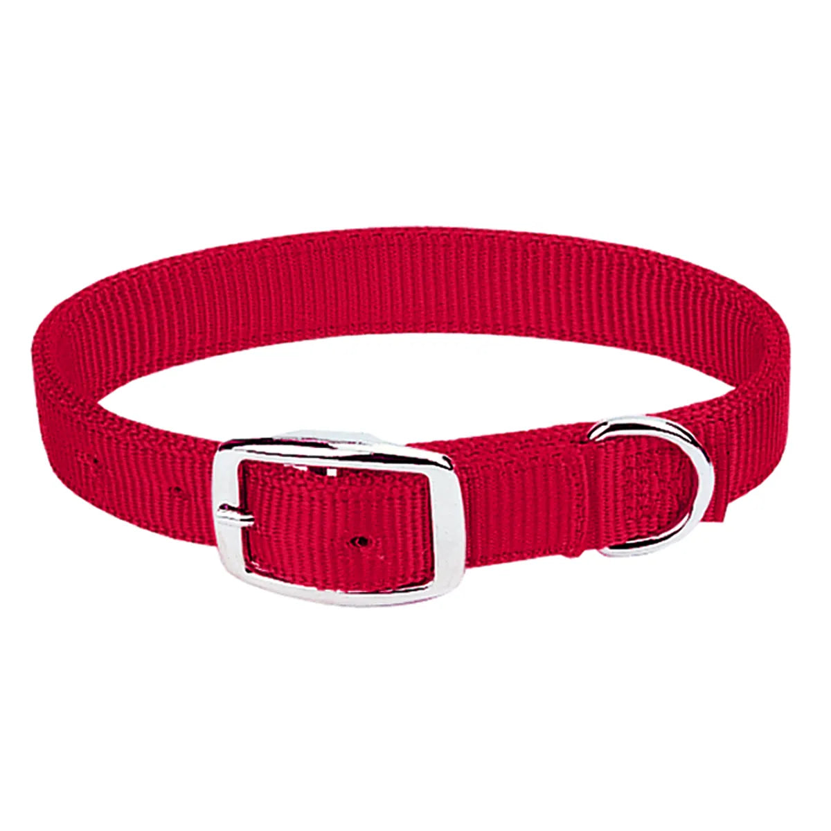 Weaver Leather Prism Classic Dog Collar in a vibrant red. This durable nylon webbing collar features a heavy-duty silver metal buckle and a sturdy D-ring for secure leash attachment. A stylish and comfortable pet accessory designed for long-lasting use, everyday walks, and pet safety. Ideal for dog owners looking for reliable, high-quality dog gear.