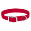Vibrant red Weaver Leather Prism Classic Dog Collar featuring durable, heavy-duty nylon webbing. This stylish and comfortable collar includes a secure chrome-plated buckle and a sturdy metal D-ring for leash attachment. An adjustable and reliable pet accessory designed for daily walks and long-lasting use.