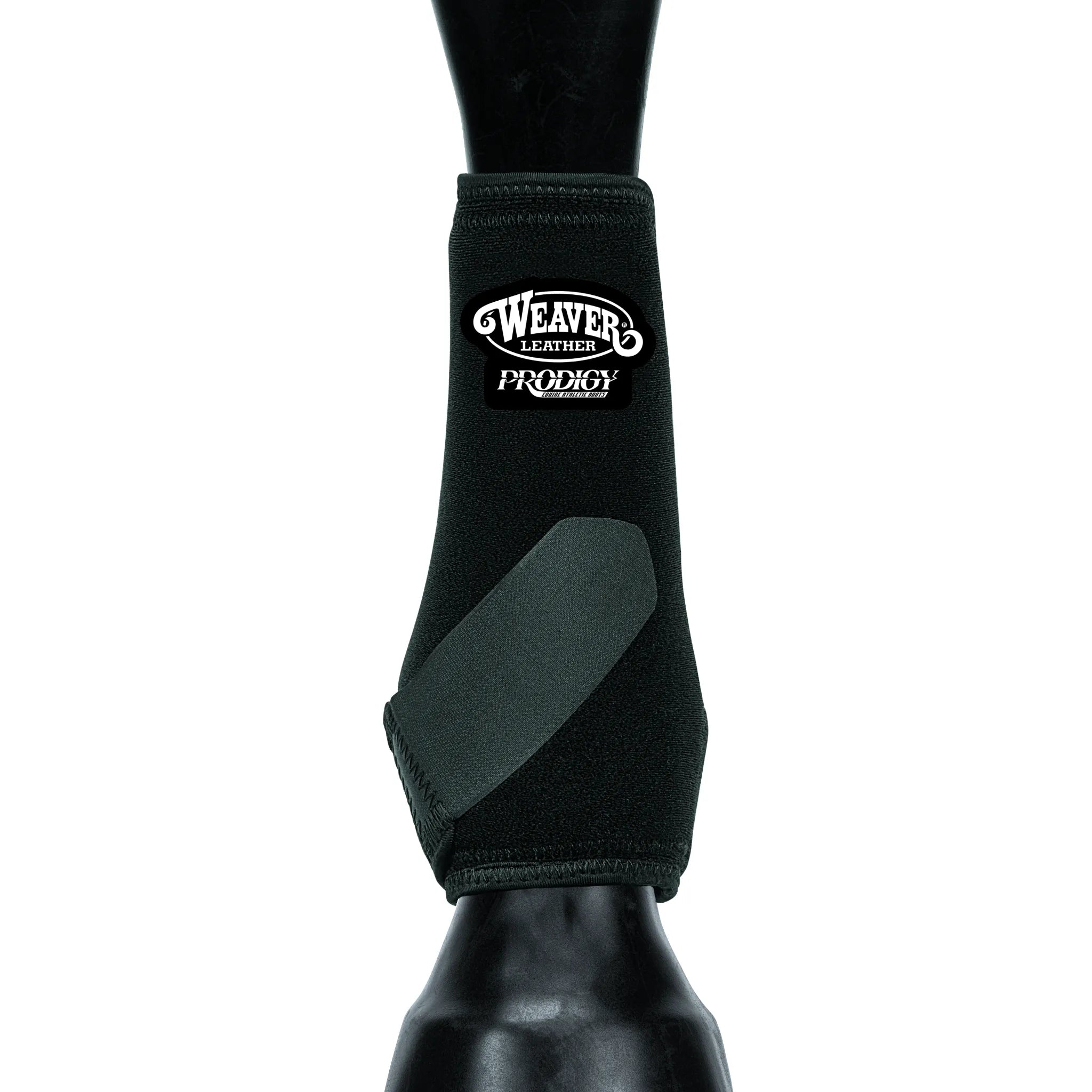 Weaver Leather Prodigy black equine athletic boot provides superior horse leg protection and support. This high-performance sport medicine boot features a contoured design, durable neoprene material, and a secure hook-and-loop strap for a perfect fit. Ideal for performance horses, these SMBs help prevent injuries during training and competition. The sleek black boot prominently displays the signature Weaver Leather Prodigy logo.