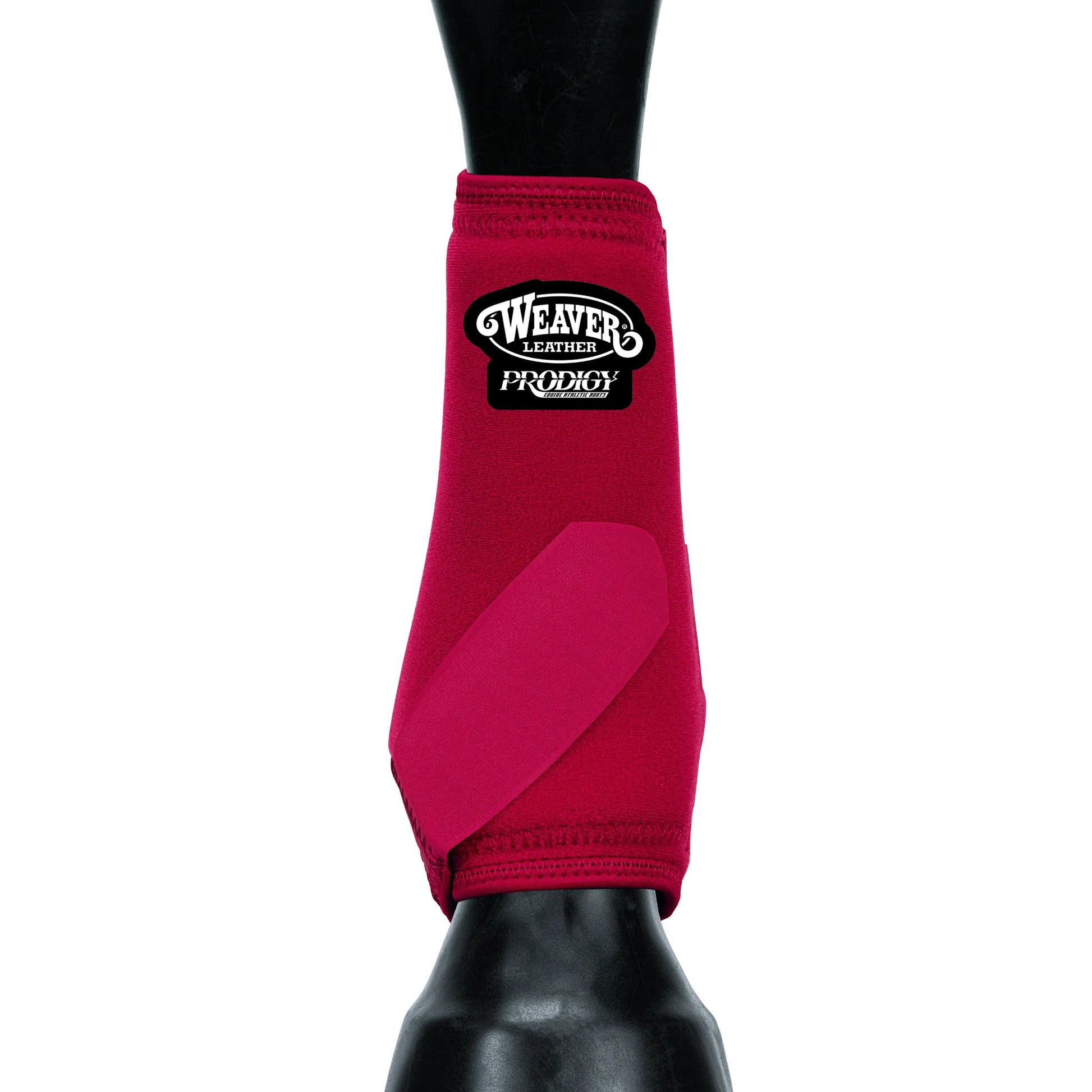 Weaver Leather Prodigy SMB boots in a bold red color, offering superior horse leg protection. These high-performance equine athletic boots feature a contoured fit with a secure fetlock wrap to support tendons and ligaments during intense activity. Perfect for barrel racing, jumping, or daily training, the durable, shock-absorbing material ensures maximum comfort and safety for your horse.