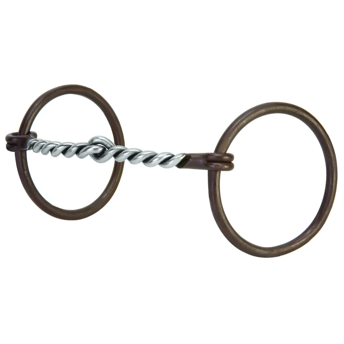 Professional ring snaffle bit from Weaver Leather featuring a 5" twisted curved mouthpiece in a silver finish and antiqued bronze loose rings. This high-quality horse bit is designed for precise communication and control, making it ideal for training or performance. The rustic, antiqued steel rings offer a timeless western aesthetic, perfect for any horse rider's tack collection.