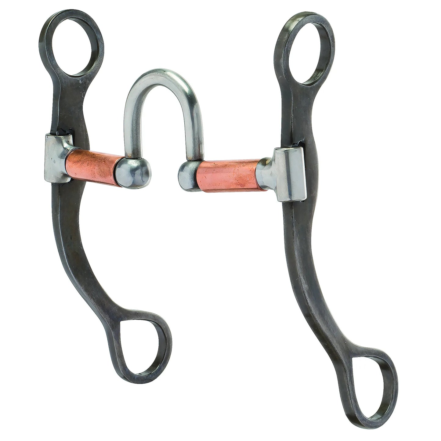 Weaver Leather Professional Shank Bit with 7-inch black steel curved shanks and a 5-inch mouthpiece. This Western curb bit features a high port with two copper rollers designed to encourage salivation and responsiveness. Ideal for professional training and performance, the bit combines a sleek black finish with functional copper and silver-toned accents for a classic look and precise control.