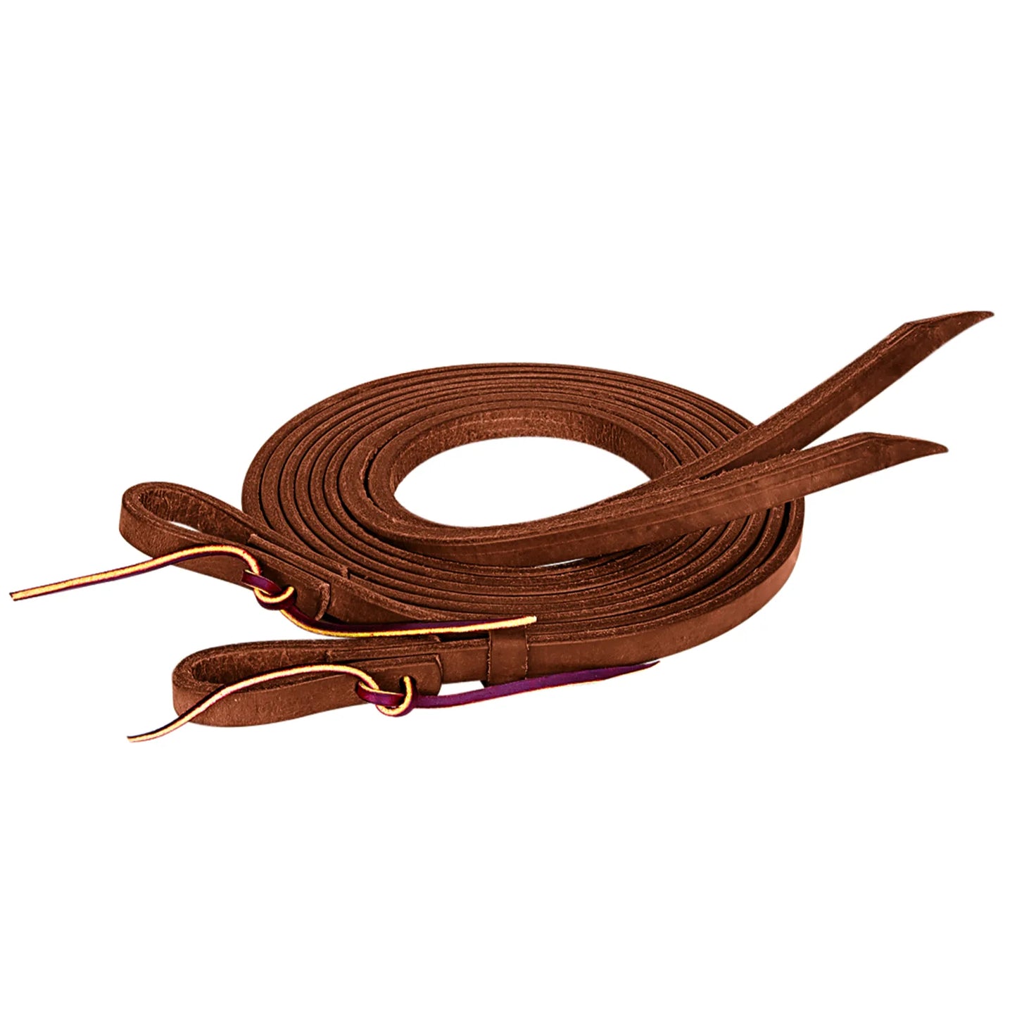 Weaver Leather ProTack Oiled Split Reins in a rich chocolate brown. These premium leather horse reins feature durable burgundy latigo tie bit ends and tapered tails for a professional feel. Expertly crafted from heavy-duty oiled leather for a supple, broken-in grip, these split reins are essential western horse tack for training, ranch work, or performance showing.