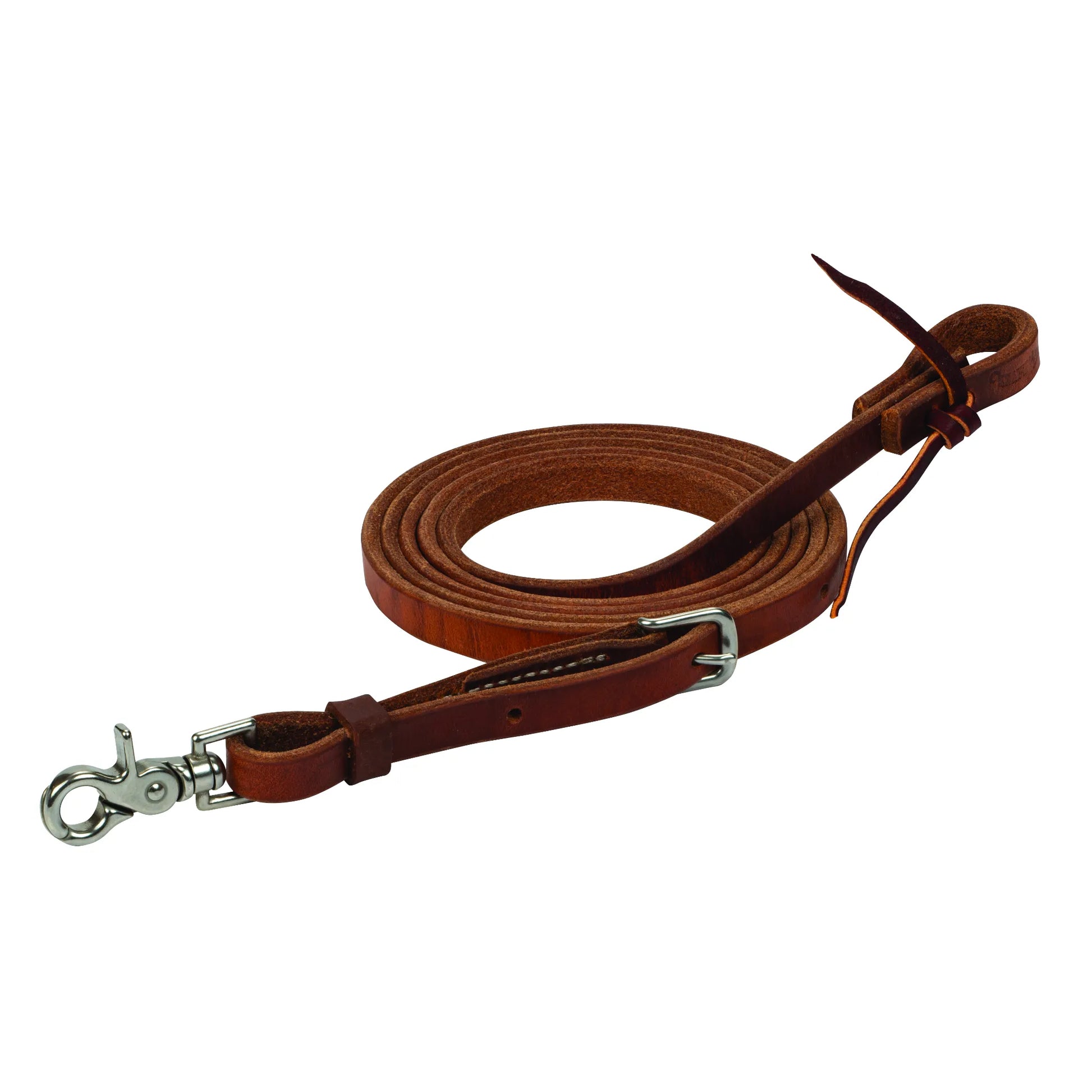 Weaver Leather ProTack 5/8" x 8' Roper Rein in rich sunset harness leather. This professional western horse rein features a stainless steel scissor snap and an adjustable Conway buckle. Oiled for a soft, broken-in feel with hand-rubbed edges, it’s the perfect addition to your western horse tack collection. Durable, high-quality brown leather rein designed for performance and comfort during roping or trail riding.