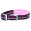 Weaver Leather Reflective Dog Collar in deep purple with soft pink neoprene padding for maximum comfort. This high-visibility Terrain D.O.G. collar features a gray reflective strip for safety, a durable silver buckle, and a sturdy D-ring. Perfect for nighttime walks and active outdoor adventures, this adjustable nylon collar combines style, safety, and durability for your pet.