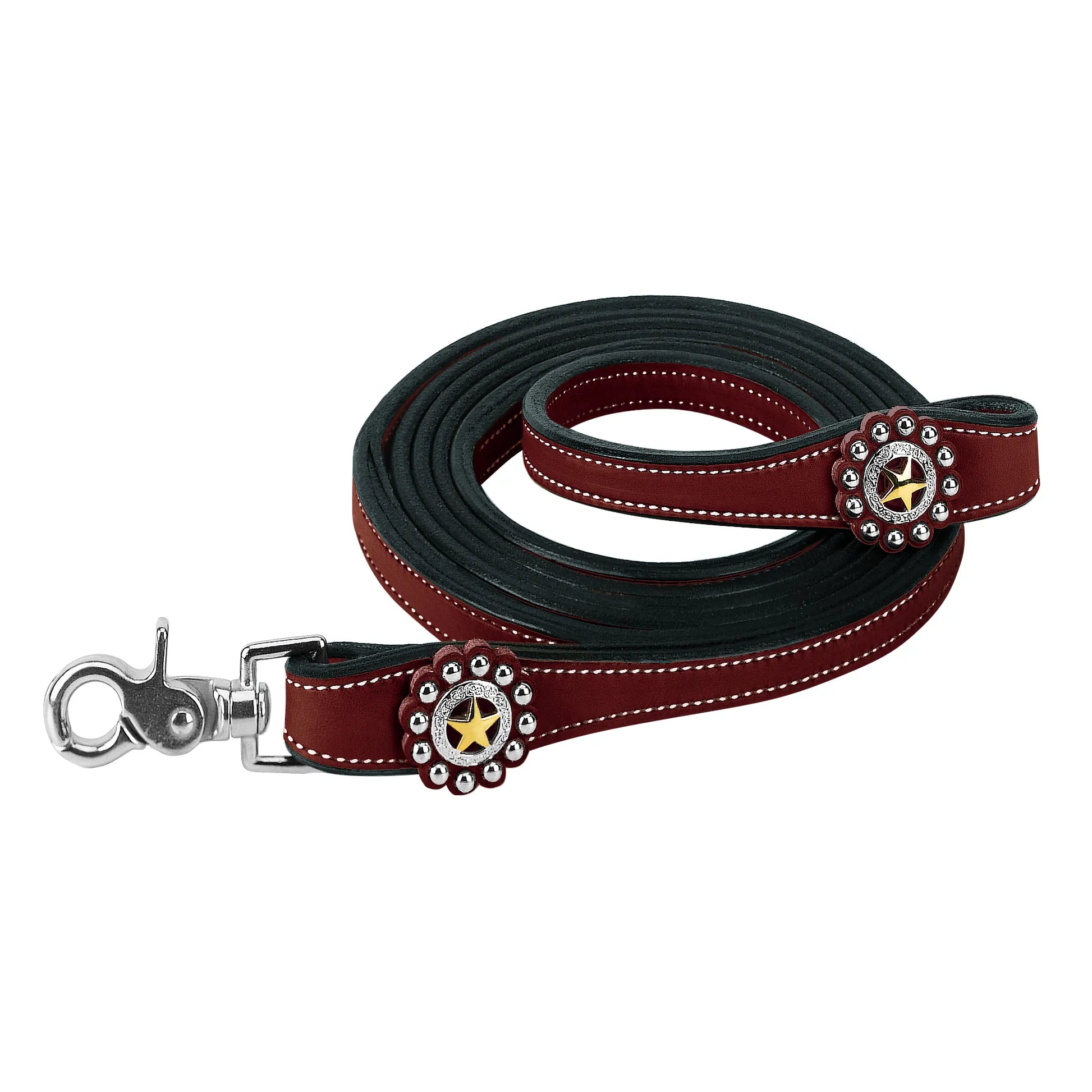 Weaver Leather Western Horse Rein crafted from rich burgundy leather with a black lining and white contrast stitching. This stylish horse tack features decorative scalloped conchos with gold stars and silver studs. A durable chrome-plated scissor snap allows for secure attachment. Ideal for Western pleasure, trail riding, or barrel racing, this premium leather rein combines rugged durability with elegant Western flair.