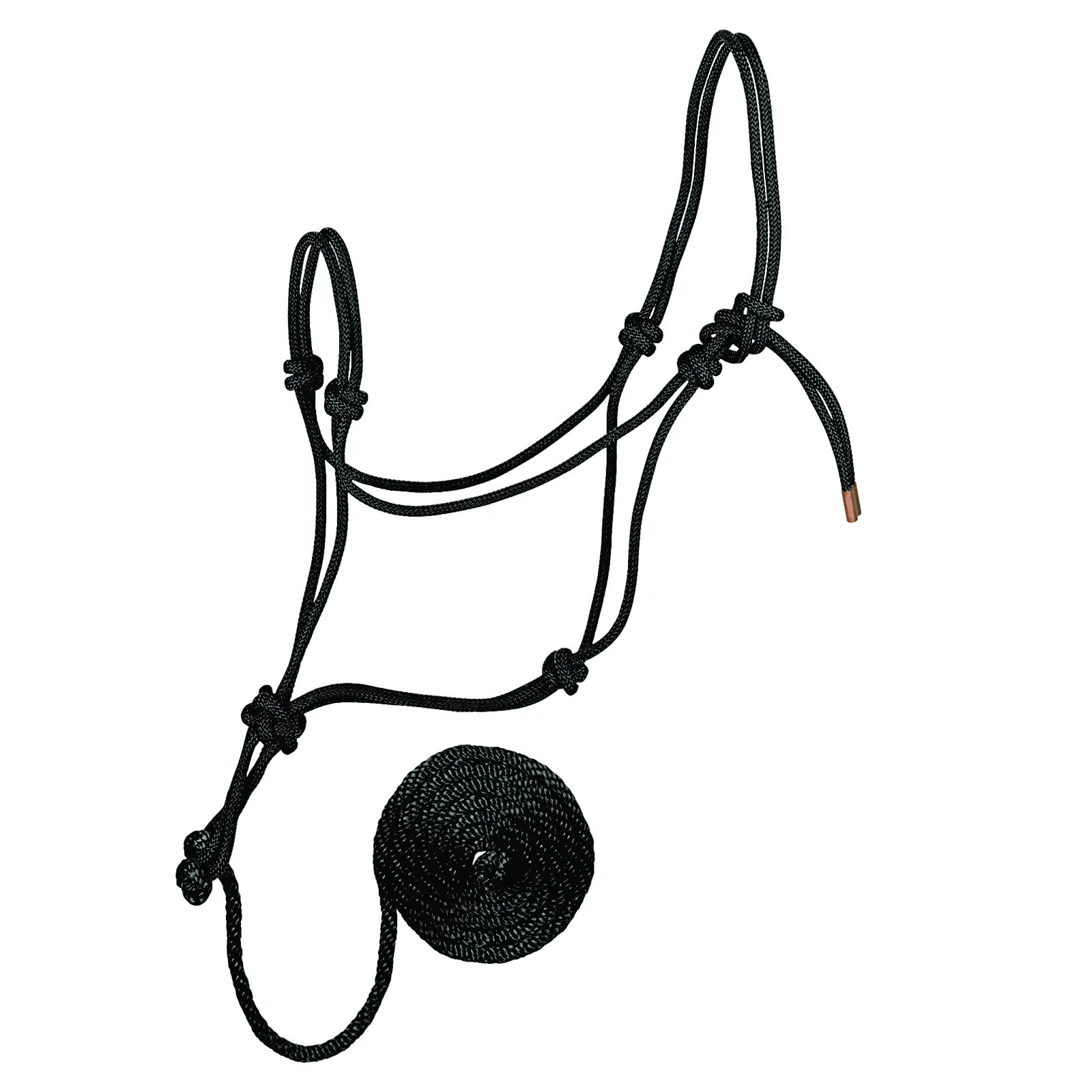 Weaver Leather black rope halter with an integrated diamond braid lead rope. This durable and stylish equestrian set features precision-tied knots and a matching lead rope, making it an essential tool for horse training, groundwork, and daily handling. High-quality black rope construction ensures a professional look and long-lasting performance for horse owners.