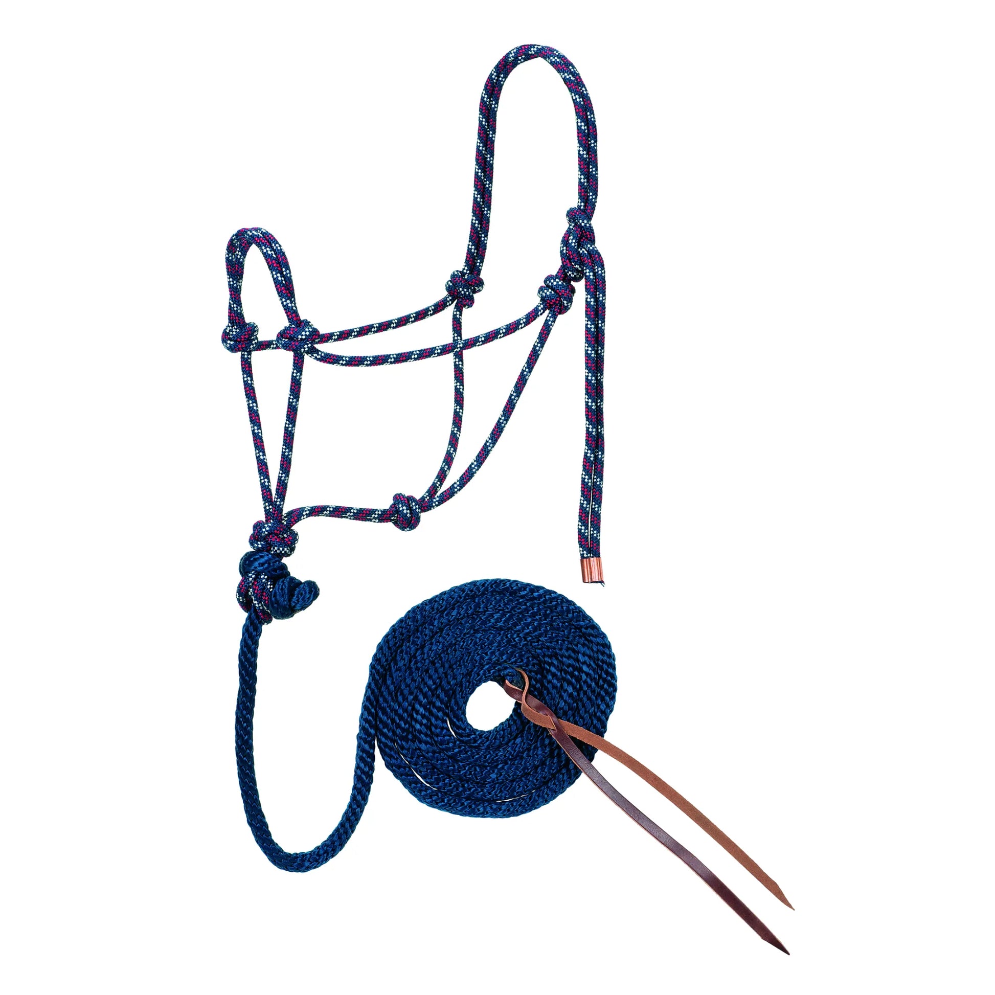 Weaver Leather Rope Halter with Diamond Braid Lead in navy blue with red and white accents. This durable, stylish equestrian set includes a knotted rope halter and a matching diamond braid lead rope with a classic leather popper. Perfect for horse training, groundwork, and daily handling, this high-quality horse gear combines dependable functionality with a professional look.