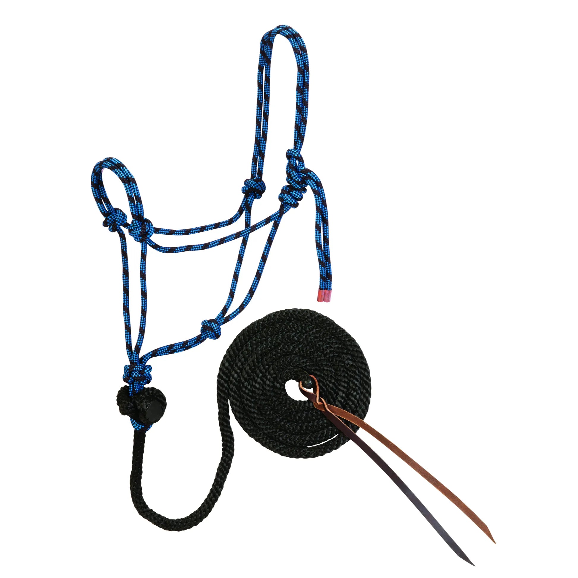 Weaver Leather Rope Halter with Diamond Braid Lead in a vibrant blue and black zig-zag pattern. This durable knotted horse halter includes a heavy-duty black lead rope finished with classic brown leather poppers. Perfect for horse training, ground work, and professional equine care, this stylish and functional tack set is a must-have for any equestrian.