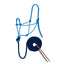 Weaver Leather Rope Halter with Diamond Braid Lead set in a vibrant blue and purple pattern. This durable horse tack features a hand-tied halter with copper-tipped ends and a matching 10-foot navy blue lead rope with a leather popper. Ideal for horse training, groundwork, and everyday use, this stylish equestrian gear provides both reliability and a professional look.