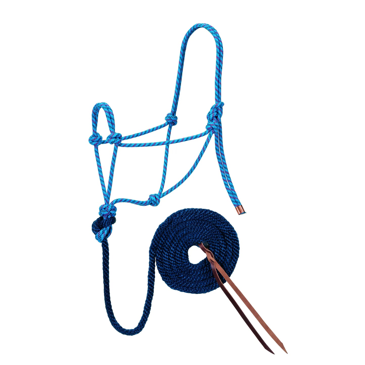 Weaver Leather Rope Halter with Diamond Braid Lead set in a vibrant blue and purple pattern. This durable horse tack features a hand-tied halter with copper-tipped ends and a matching 10-foot navy blue lead rope with a leather popper. Ideal for horse training, groundwork, and everyday use, this stylish equestrian gear provides both reliability and a professional look.