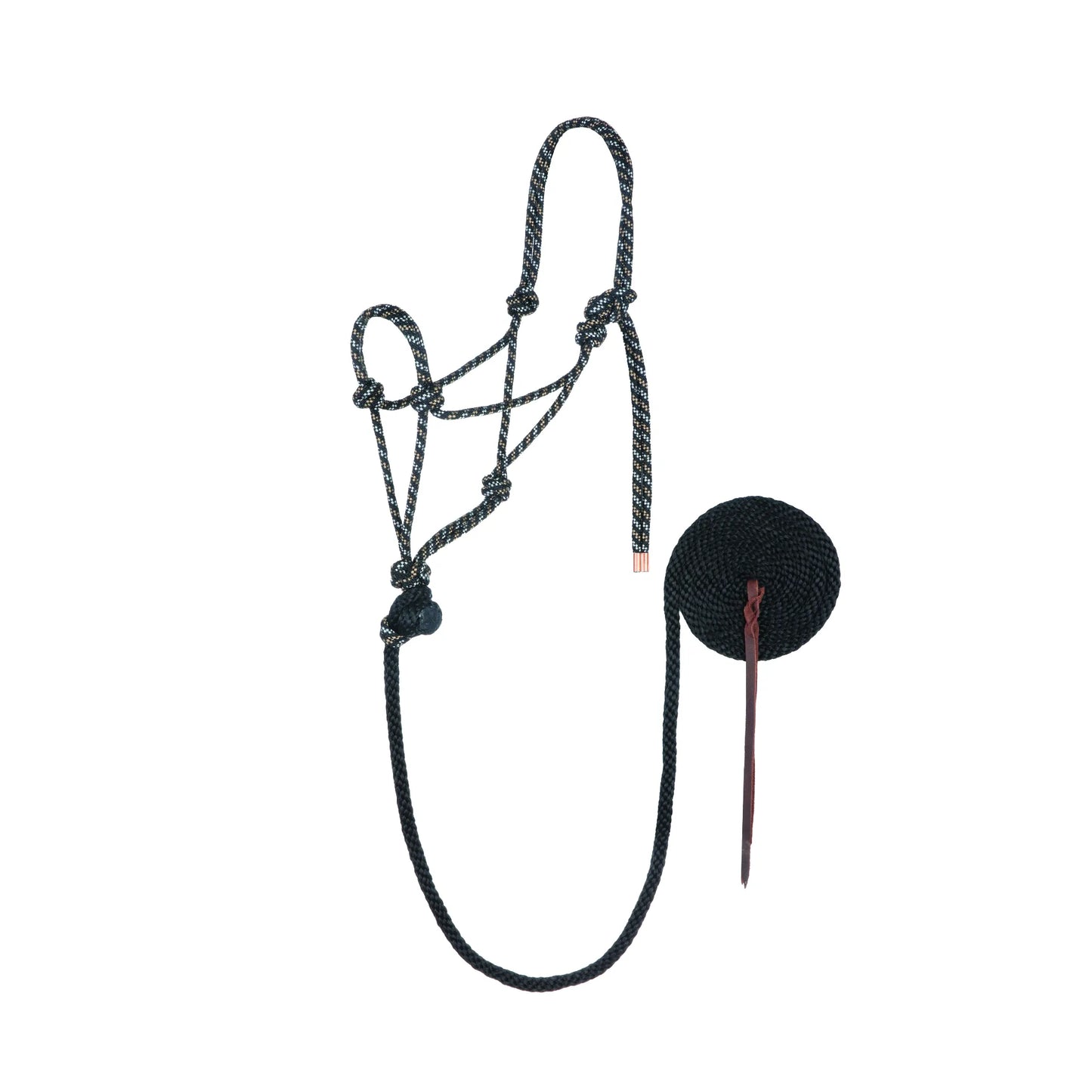 Weaver Leather Rope Halter with Diamond Braid Lead in black and gray. This professional-grade knotted rope horse halter features a durable design and includes a matching 12-foot lead rope with a classic leather popper. Perfect for horse training, natural horsemanship, and daily groundwork, this high-quality equestrian gear combines style and performance for horse owners and trainers.