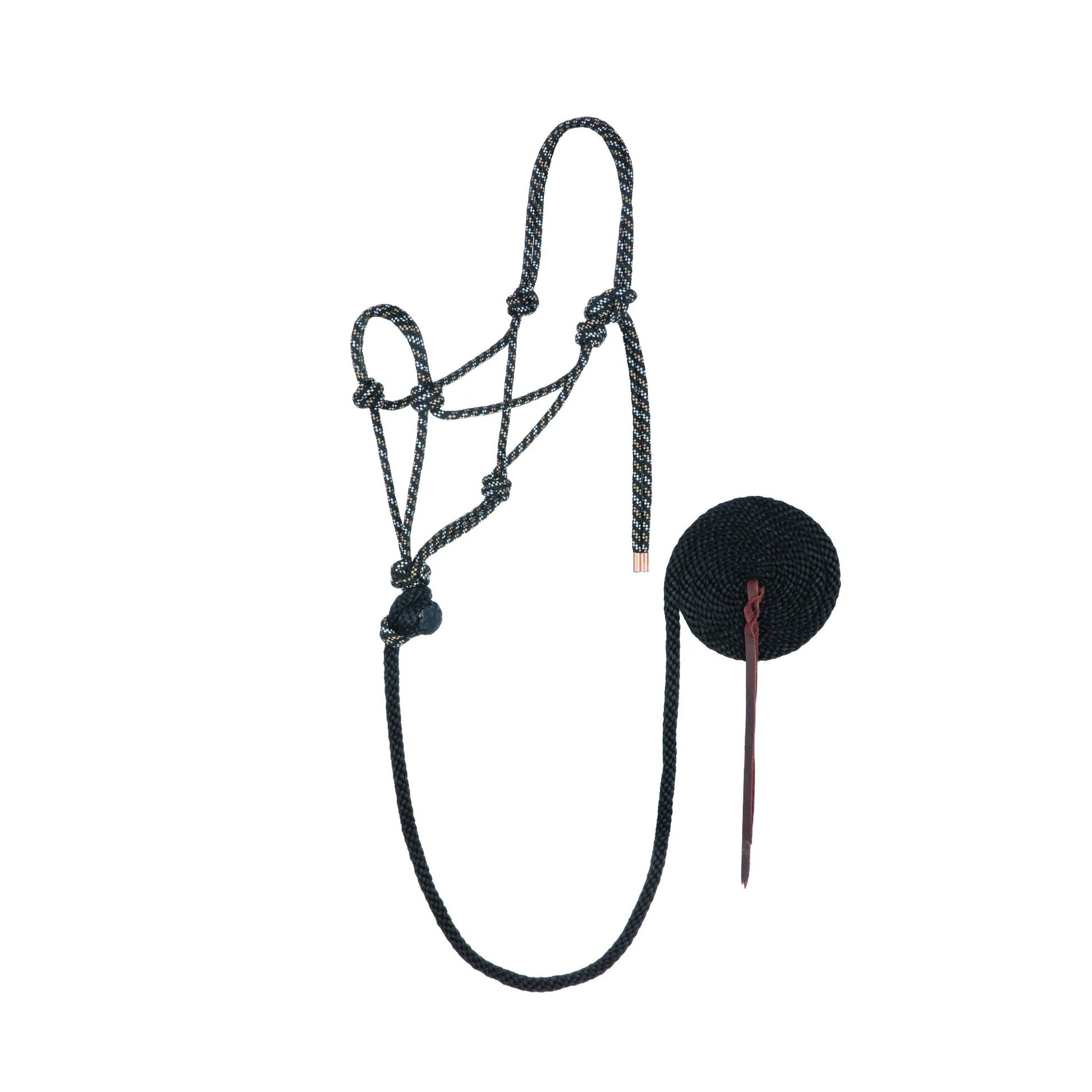 Weaver Leather Rope Halter with Diamond Braid Lead in black and gray. This professional-grade knotted rope horse halter features a durable design and includes a matching 12-foot lead rope with a classic leather popper. Perfect for horse training, natural horsemanship, and daily groundwork, this high-quality equestrian gear combines style and performance for horse owners and trainers.
