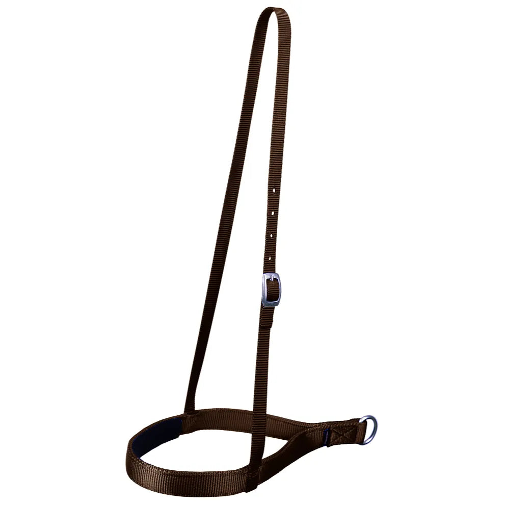 Weaver Leather Brown Nylon Roper Noseband featuring a padded nosepiece for horse comfort. This durable western horse tack includes an adjustable crown strap with a silver-tone buckle and a nickel-plated D-ring for tie-down attachment. Constructed from heavy-duty nylon with reinforced stitching, it's the perfect training and performance gear for roping, training, and everyday riding.