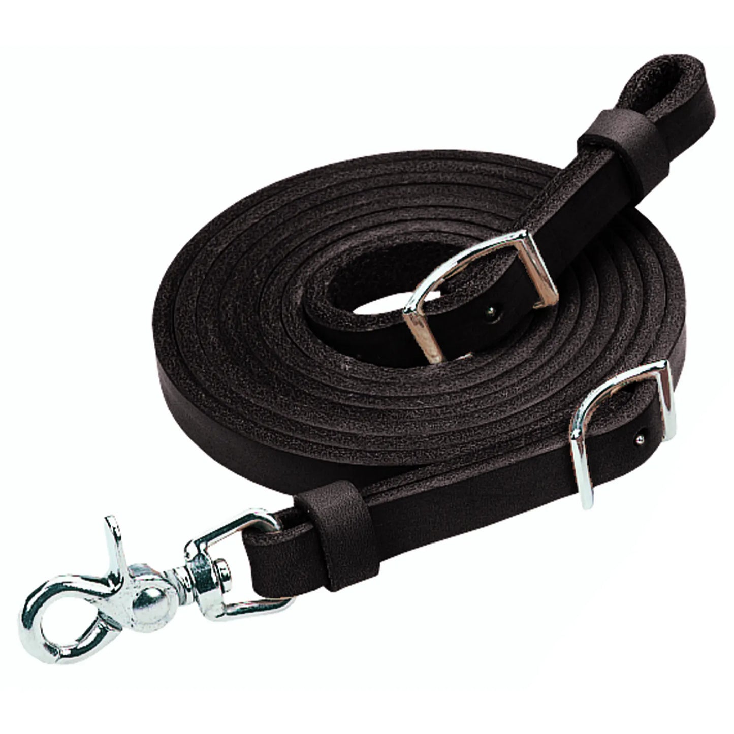 Weaver Leather Black Roper Rein, 5/8 inch x 7 feet, crafted from premium black leather. This professional Western horse tack features a sturdy nickel-plated scissor snap and Conway buckles for quick attachment and easy adjustment. Designed for durability during roping and riding, the coiled leather highlights its high-quality construction and sleek finish. A must-have essential for your equestrian gear collection.