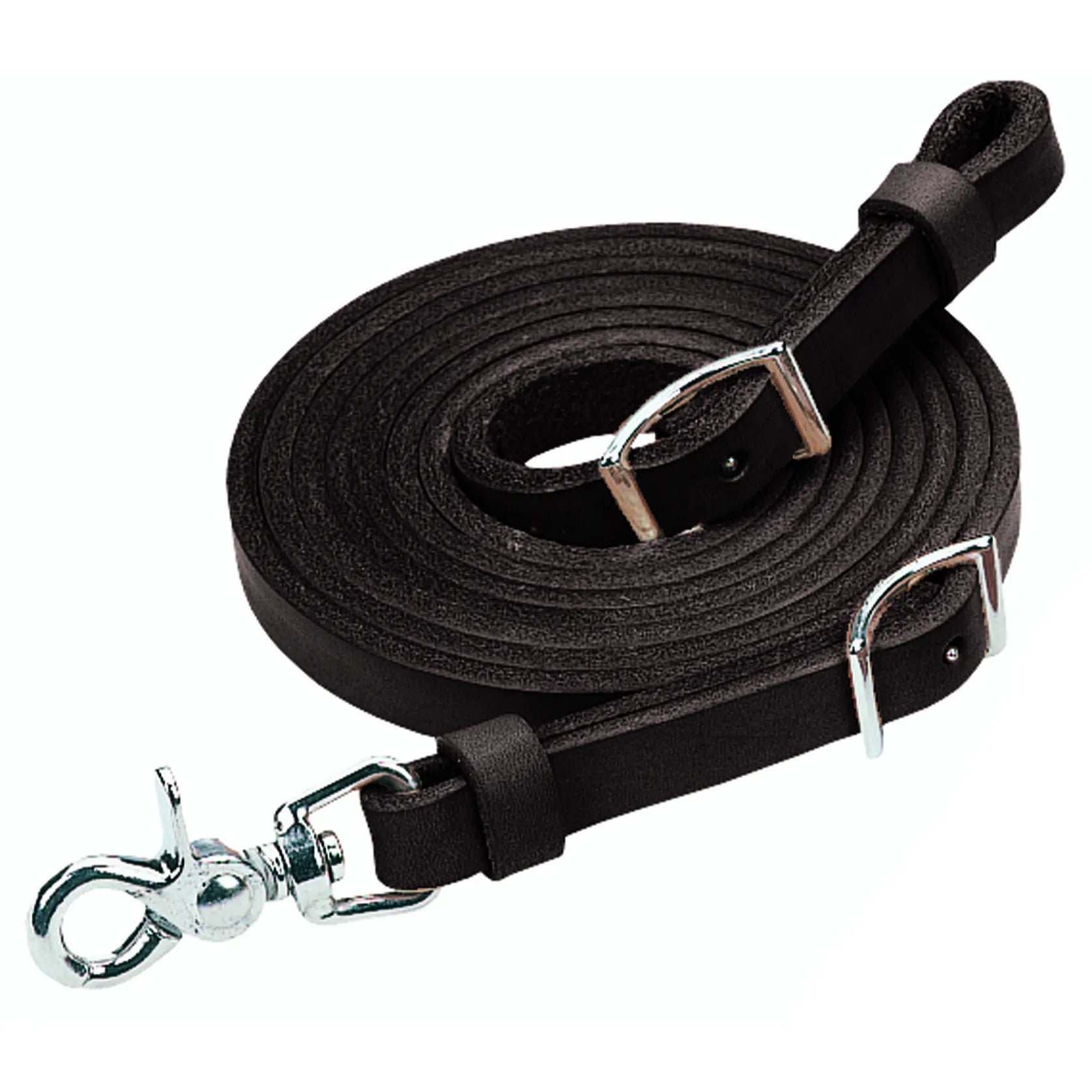 Weaver Leather Black Roper Rein, 5/8 inch x 7 feet, crafted from premium black leather. This professional Western horse tack features a sturdy nickel-plated scissor snap and Conway buckles for quick attachment and easy adjustment. Designed for durability during roping and riding, the coiled leather highlights its high-quality construction and sleek finish. A must-have essential for your equestrian gear collection.