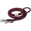 Premium Weaver Leather Roper Rein crafted from rich burgundy-brown braided latigo leather. This 8-foot horse rein features a durable 3/8-inch round braid with two heavy-duty silver swivel bolt snaps and a contrasting natural braided leather slider. Professional-quality Western horse tack ideal for barrel racing, roping, or trail riding.