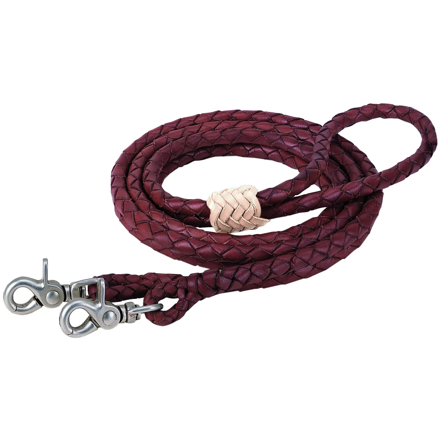 Premium Weaver Leather Roper Rein crafted from rich burgundy-brown braided latigo leather. This 8-foot horse rein features a durable 3/8-inch round braid with two heavy-duty silver swivel bolt snaps and a contrasting natural braided leather slider. Professional-quality Western horse tack ideal for barrel racing, roping, or trail riding.