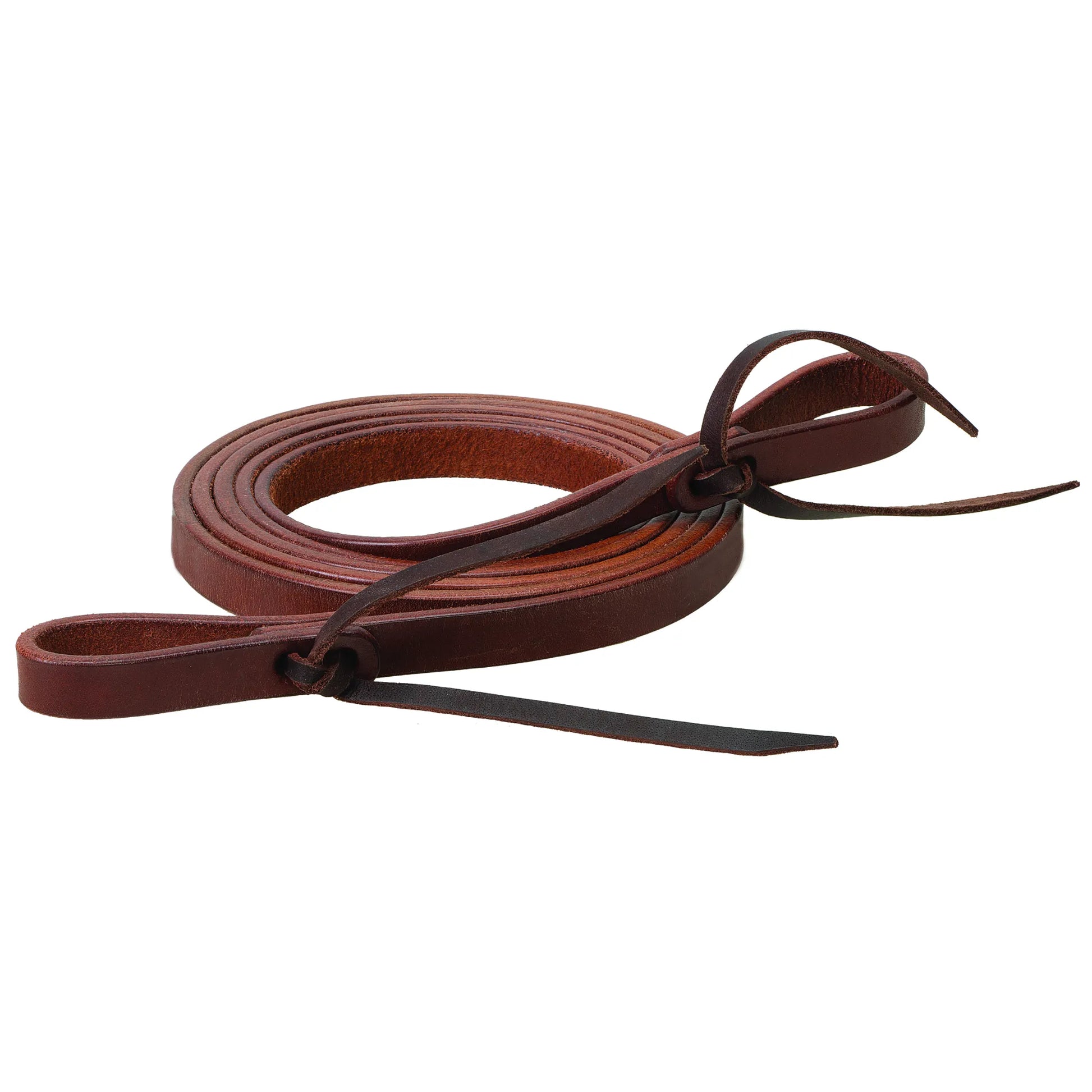 Weaver Leather Roper Reins in rich mahogany premium skirting leather. Featuring a classic single-loop design with traditional leather tie ends for secure bit attachment and superior control. These durable western horse reins are perfect for roping, trail riding, or ranch work, offering a professional look and high-performance feel for every equestrian.
