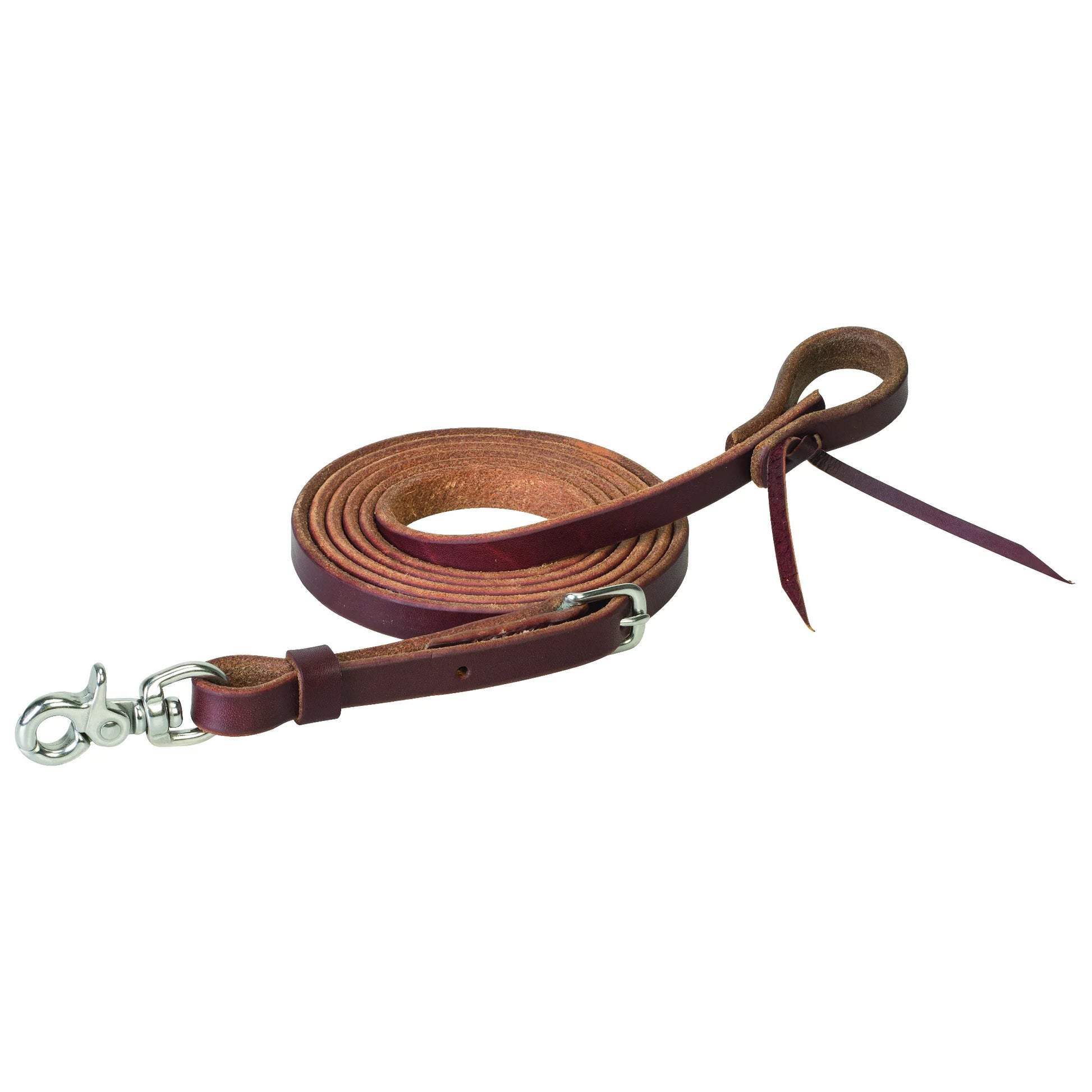 Weaver Leather Roper Reins in a rich burgundy mahogany hue, handcrafted from premium heavy-duty leather. These Western horse reins feature durable stainless steel hardware, including a trigger snap and buckle for easy adjustment. Designed as a single continuous loop, these high-quality leather reins are ideal for roping, trail riding, and professional equestrian use. Perfect for any Western tack collection.
