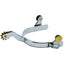 Weaver Leather Roping Spurs for performance horse riding. These polished chrome western spurs feature a short shank with a classic 8-point brass rowel and brass buttons for secure strap attachment. Durable and precise, these equestrian roping spurs are essential gear for serious ropers and western enthusiasts looking for high-quality, professional-grade tack.