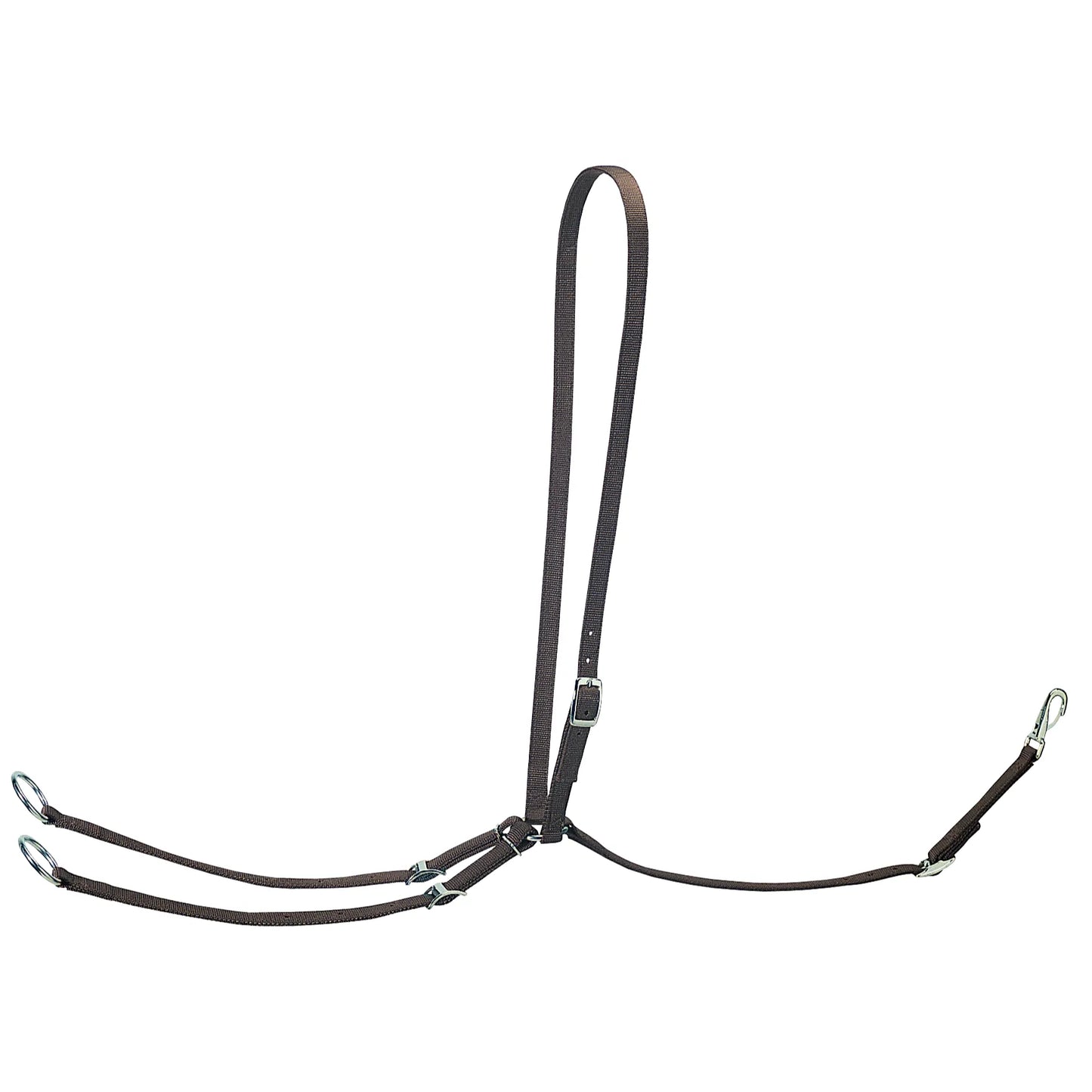 Dark brown Weaver Leather nylon running martingale for horse training, featuring a durable, adjustable neck strap with silver hardware. This essential equestrian tack includes two metal rein rings and a girth attachment strap with a swivel snap hook for easy on-and-off. A versatile and high-quality training tool designed for durability and control.